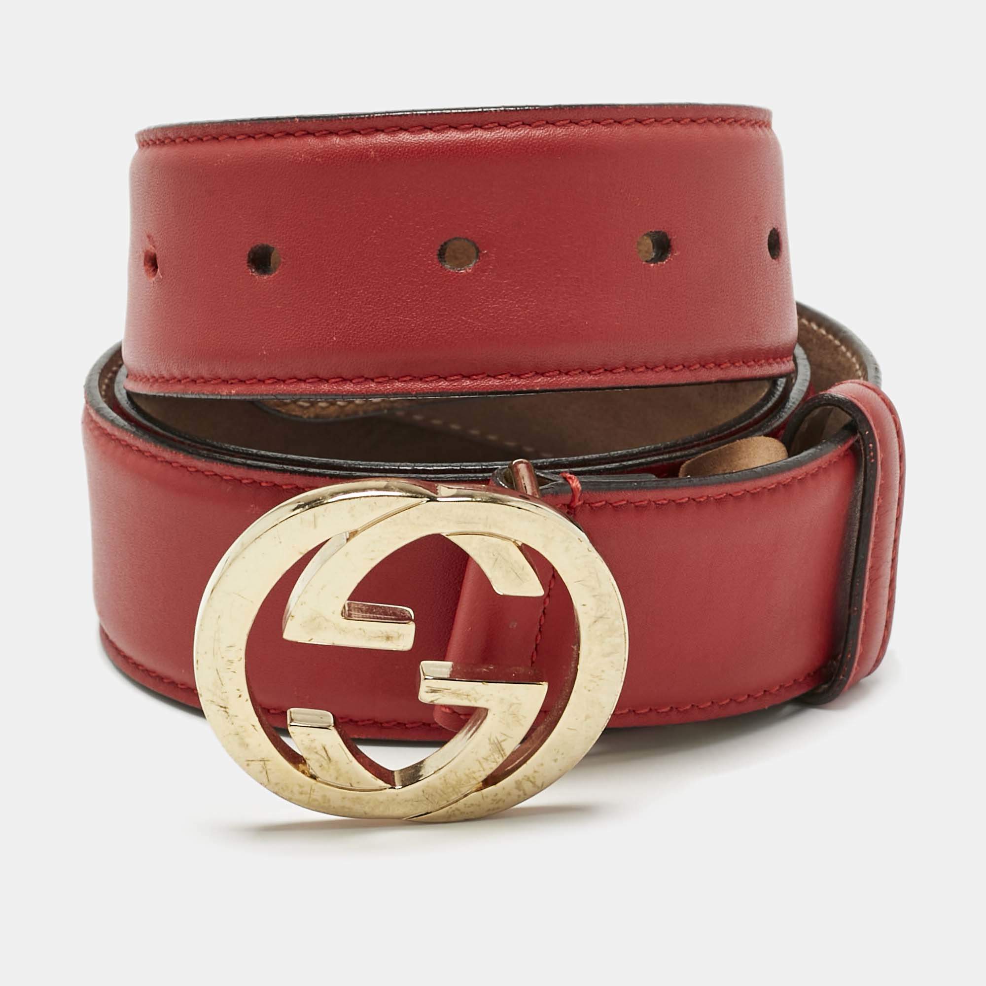 Pre Owned Gucci Red Leather Interlocking G Buckle Belt 95 CM