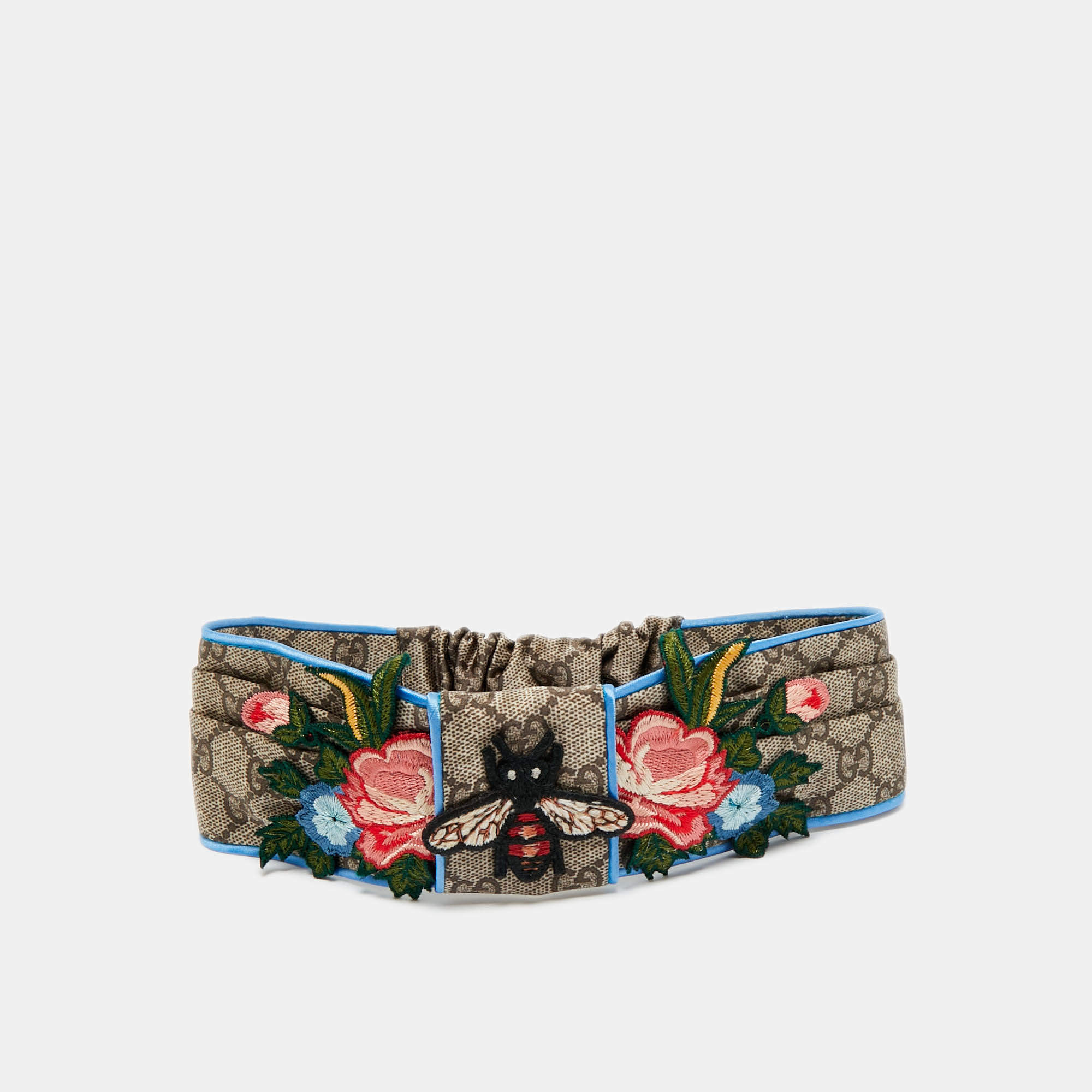 Pre Owned Gucci Brown Guccissima Bee & Floral Appliqué Silk Headband