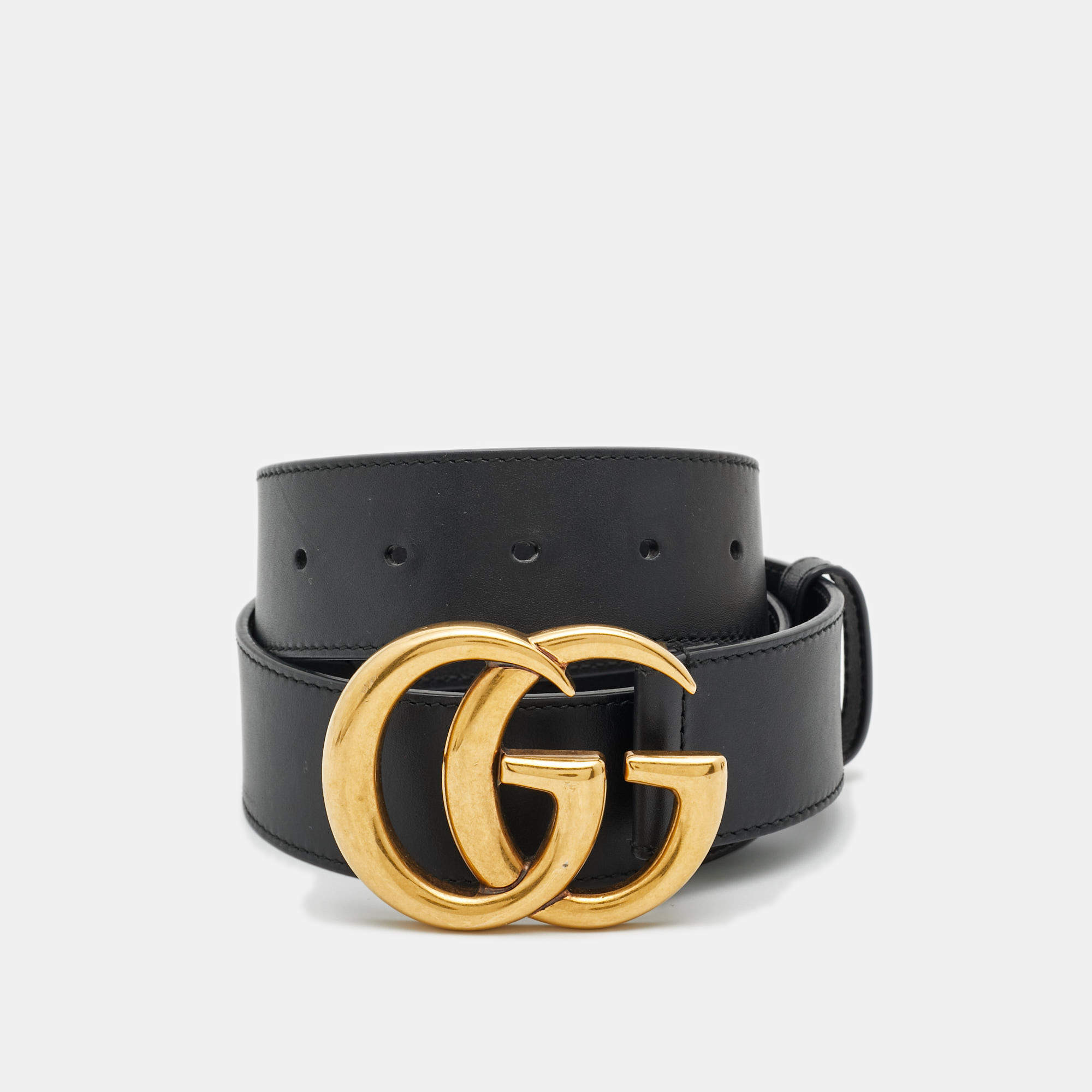 Pre Owned Gucci Black Leather GG Marmont Buckle Belt 75 CM