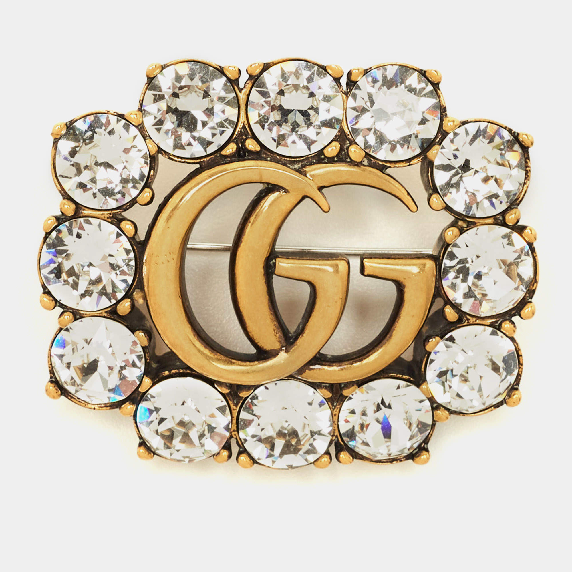 Pre Owned Gucci GG Marmont Crystals Gold Tone Brooch