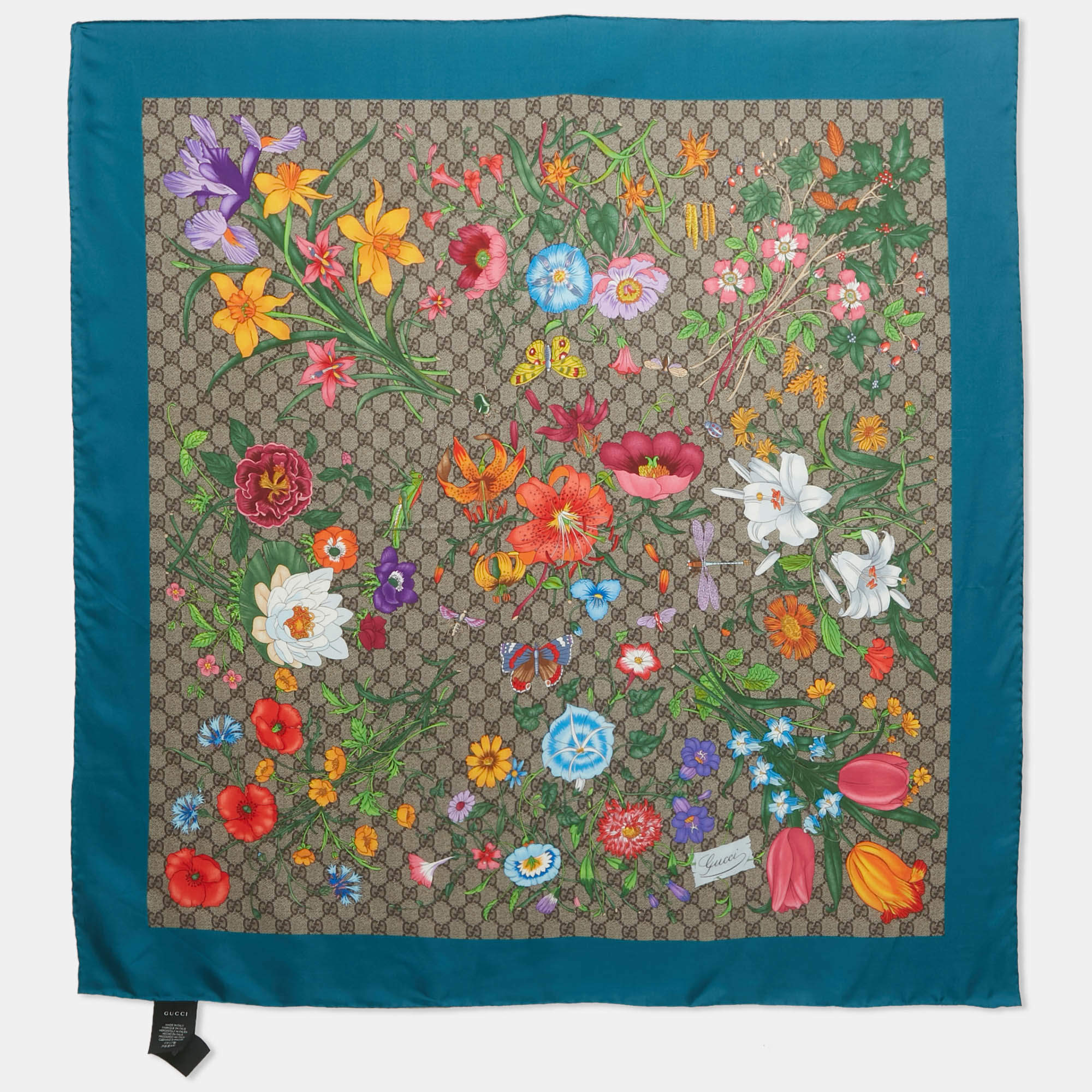Pre Owned Gucci Multicolor/Blue Floral GG Supreme Print Silk Square Scarf