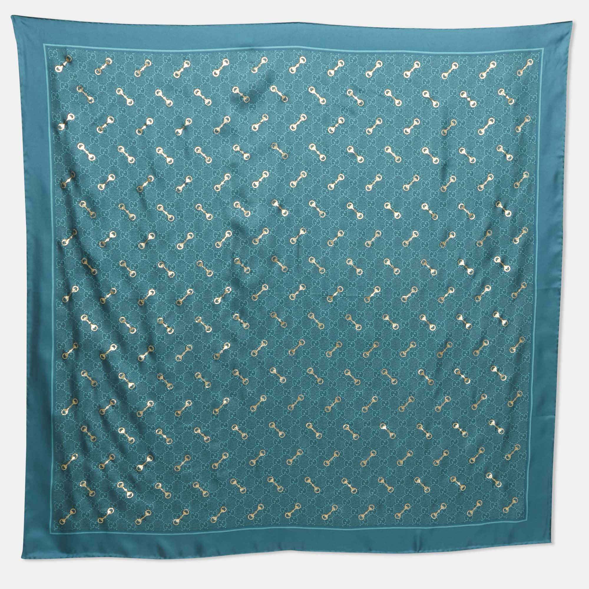 Pre Owned Gucci Green Horse-bit GG Supreme Print Silk Square Scarf 