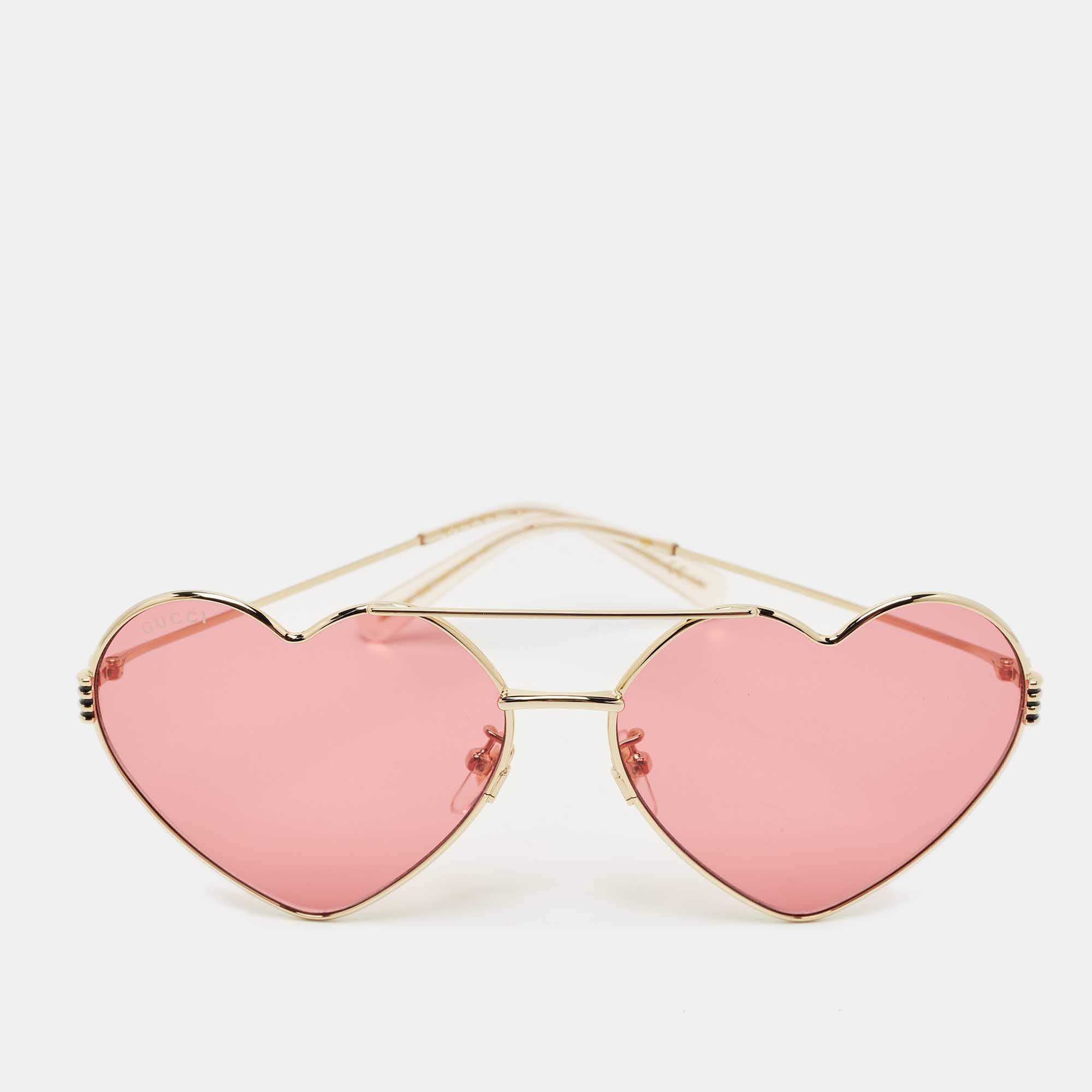 Pre Owned Gucci Pink/Gold Tone GG1283S Heart Aviator Sunglasses
