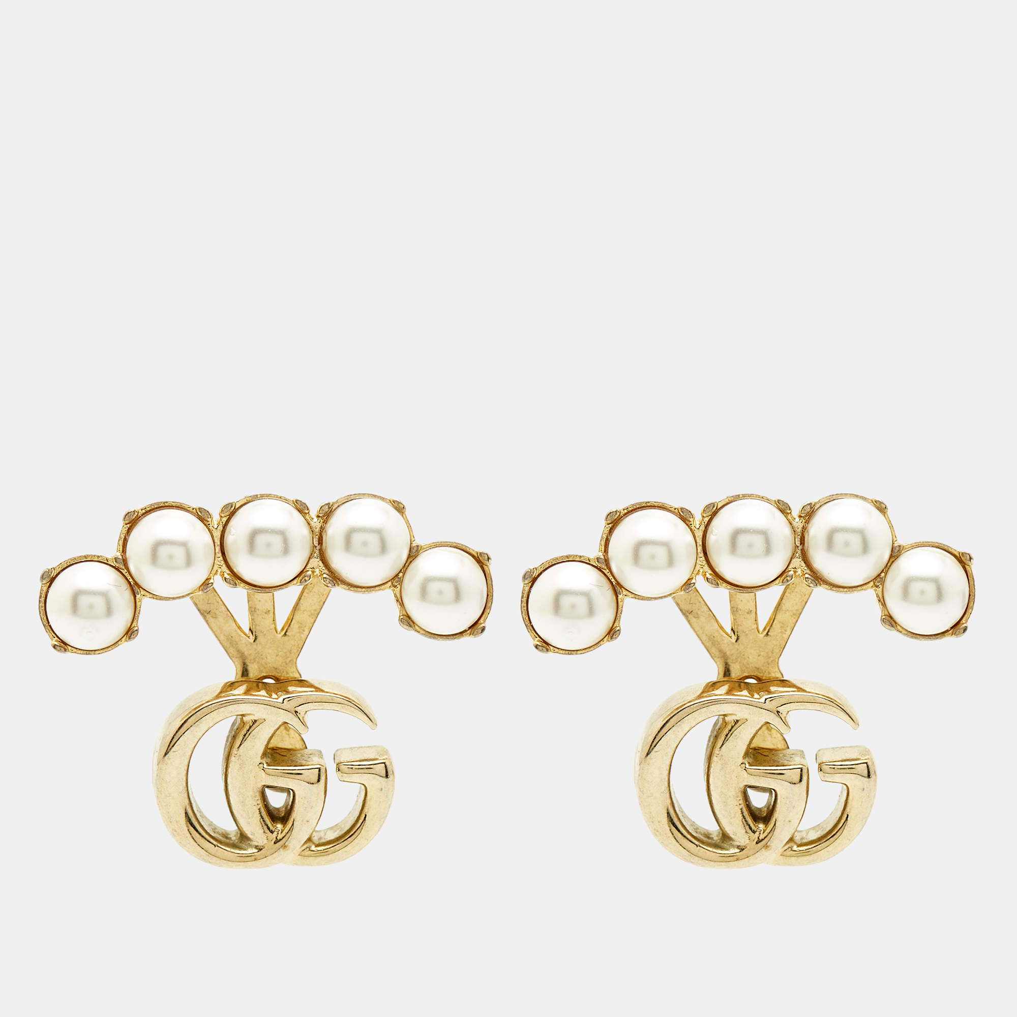Pre Owned Gucci Double G Faux Pearl Gold Tone Earrings