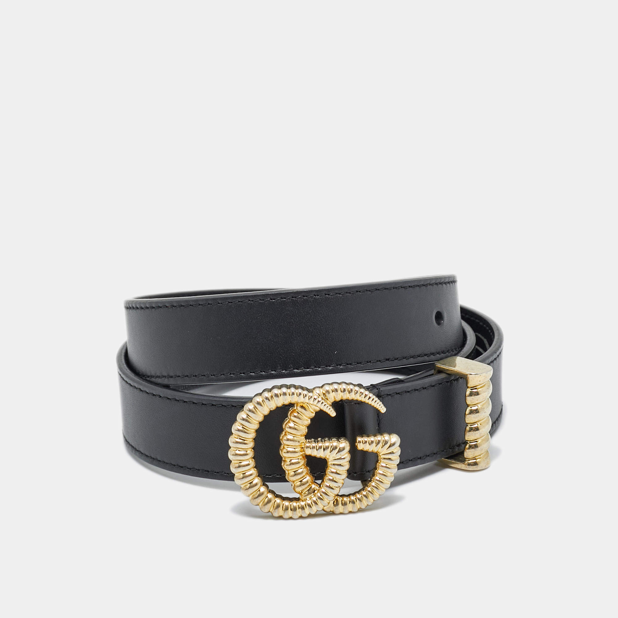 Pre Owned Gucci Black Leather GG Marmont Torchon Buckle Belt 80 CM