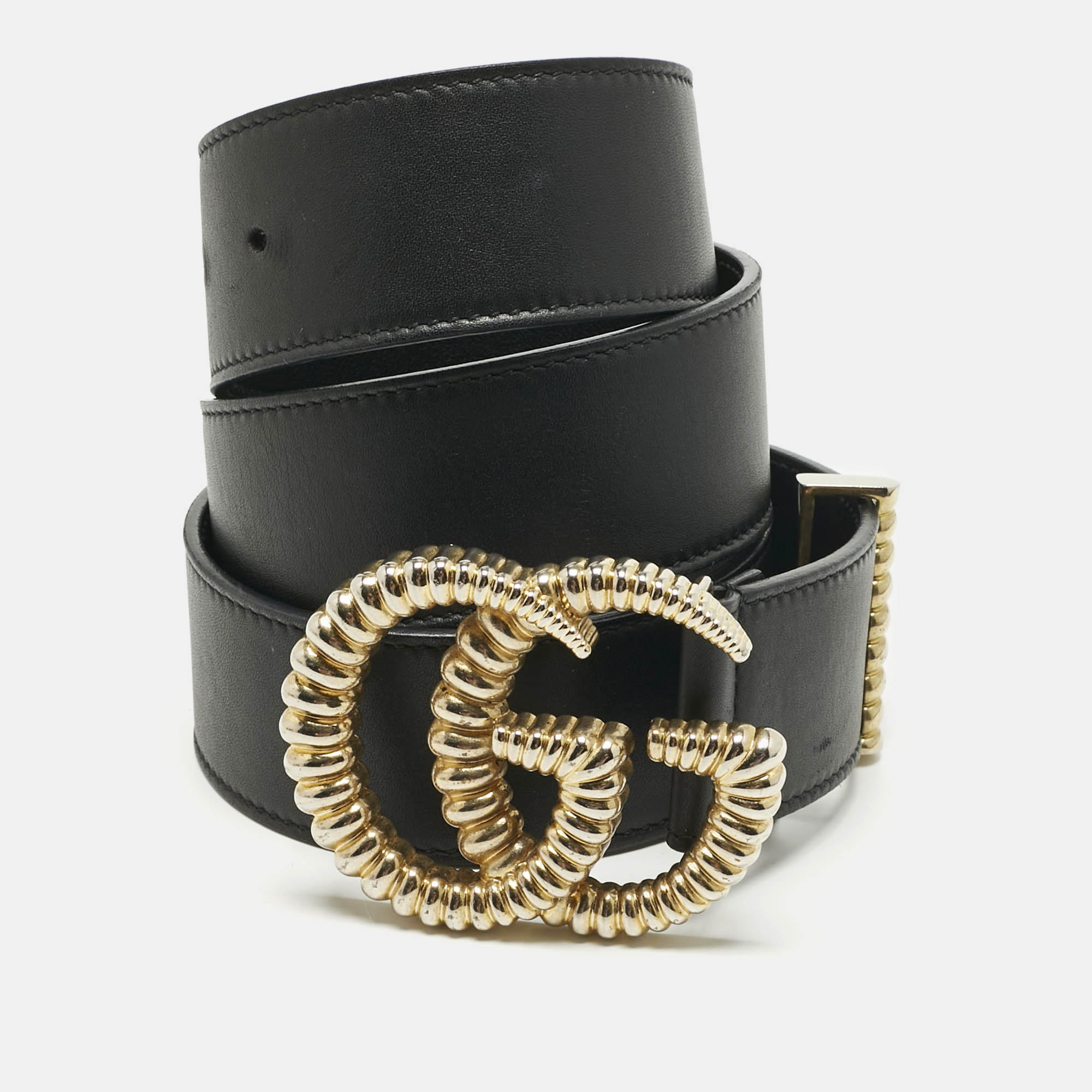 Pre Owned Gucci Black Leather GG Marmont Torchon Buckle Belt 85 CM