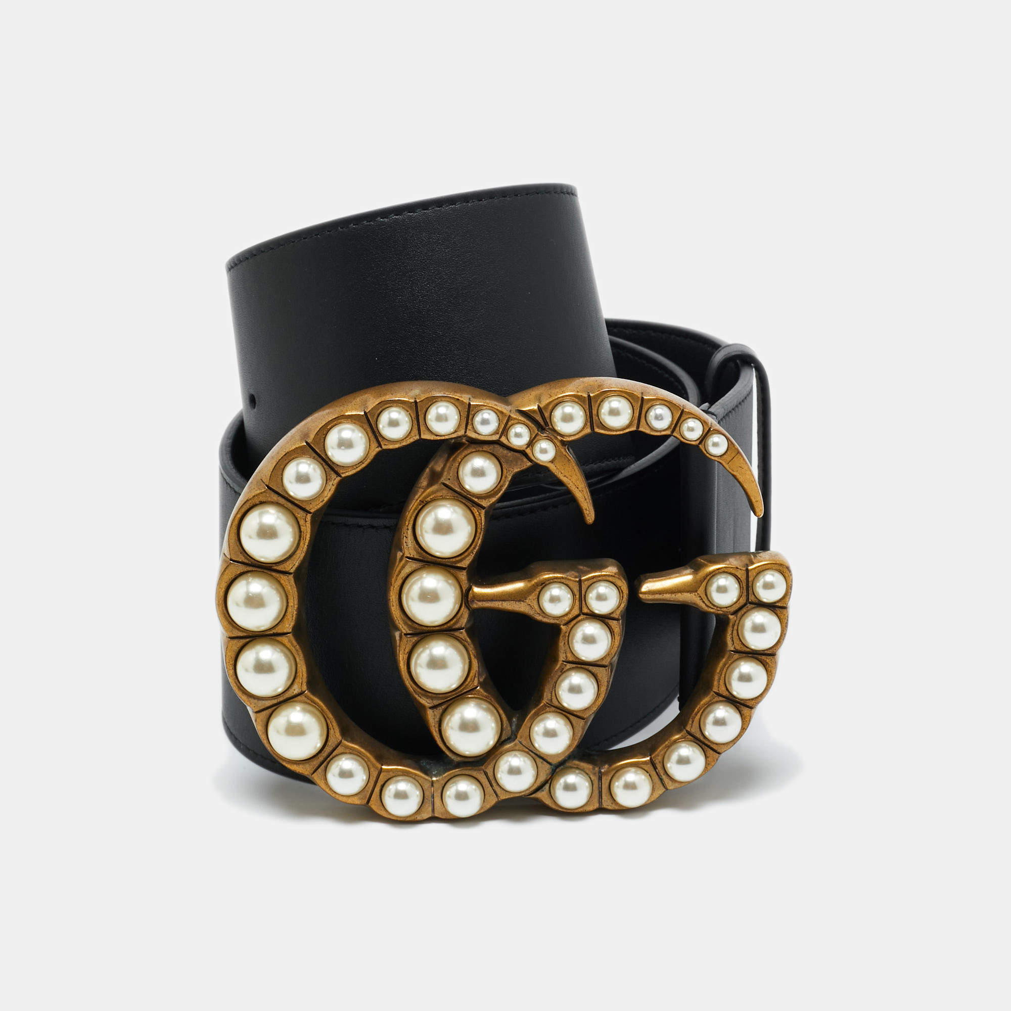 Pre Owned Gucci Black Leather GG Marmont Pearl Wide Waist Belt 75CM