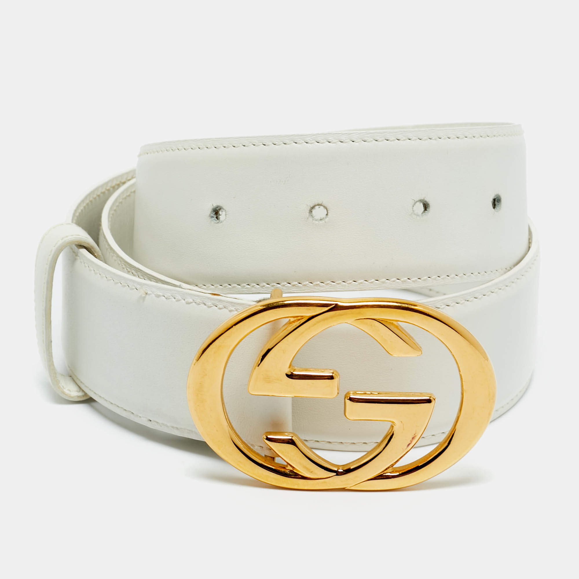 Pre Owned Gucci White Leather Interlocking G Buckle Belt 85CM