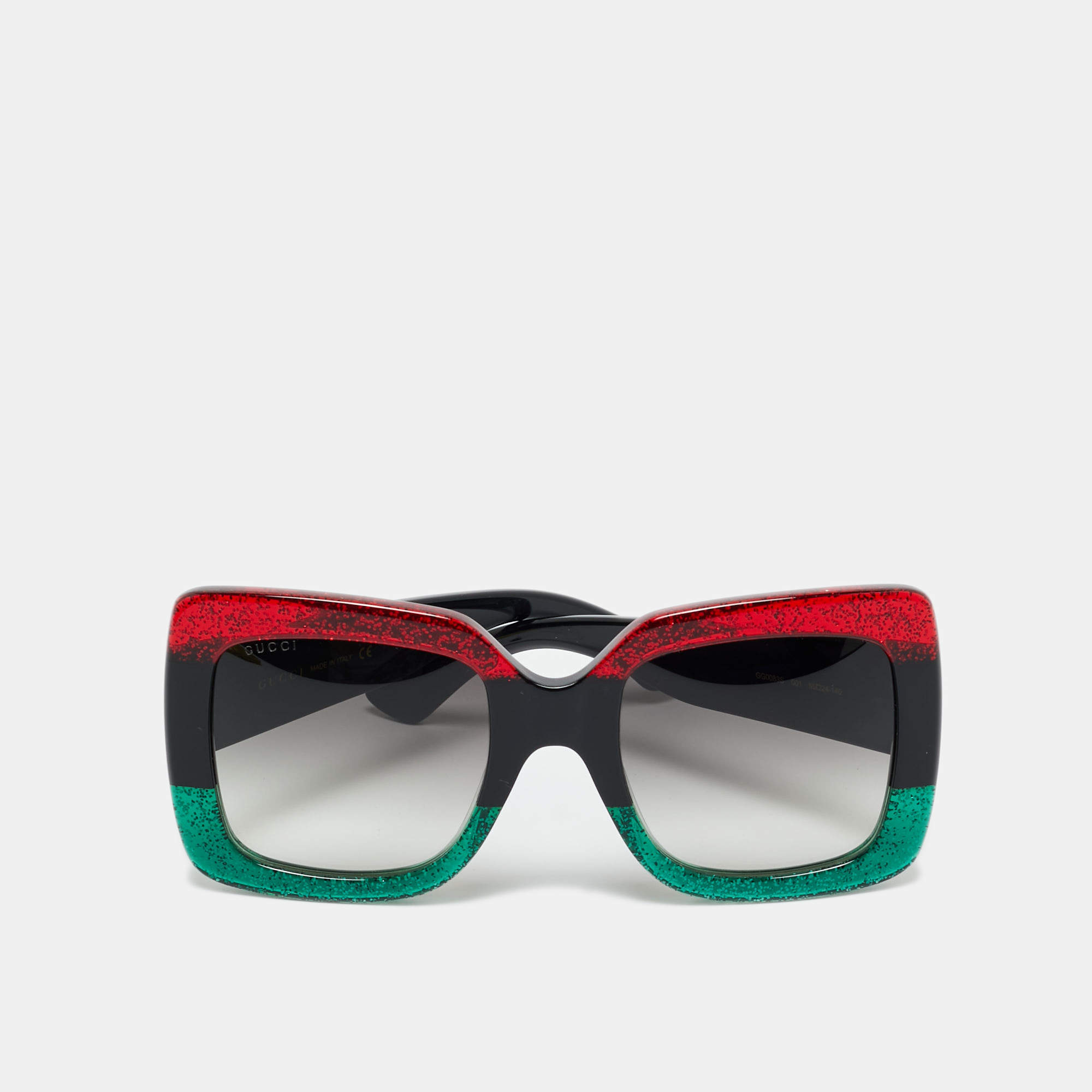 Pre Owned Gucci Red/Green Glitter GG0083S Interlocking G Oversized Sunglasses