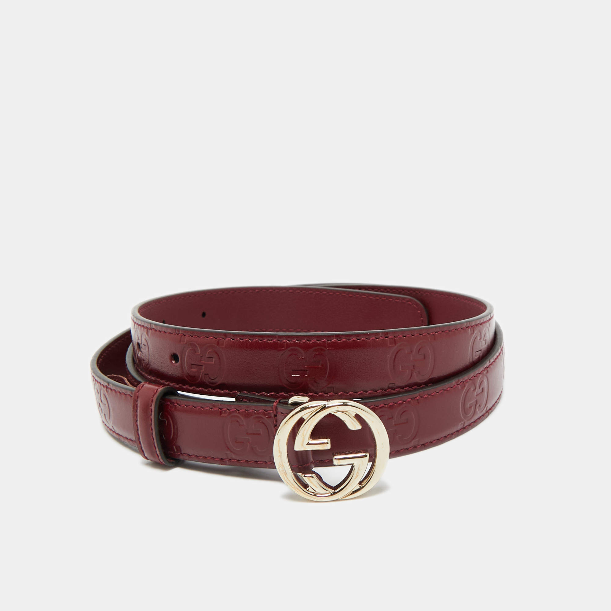 Pre Owned Gucci Burgundy Guccissima Leather Interlocking G Slim Belt 95CM