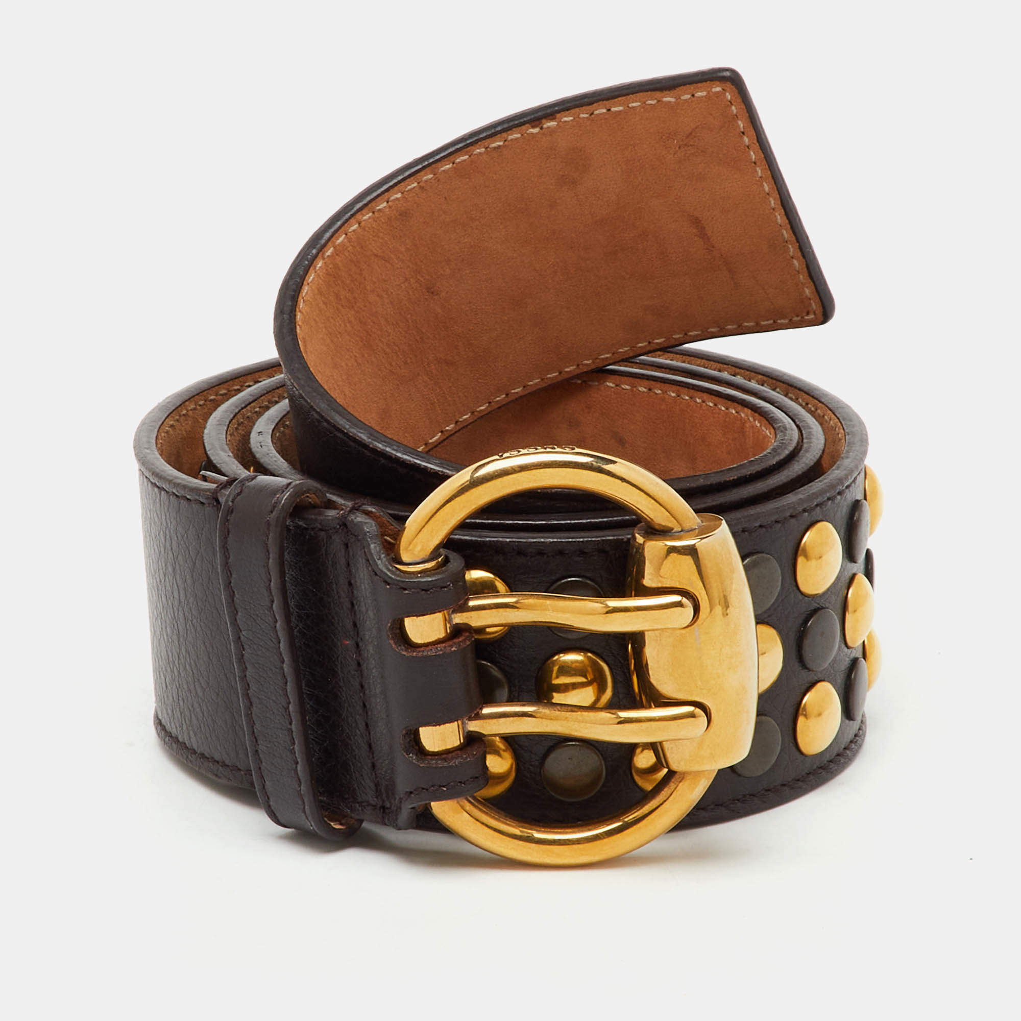 Pre Owned Gucci Dark Brown Leather Studded Buckle Belt 80CM