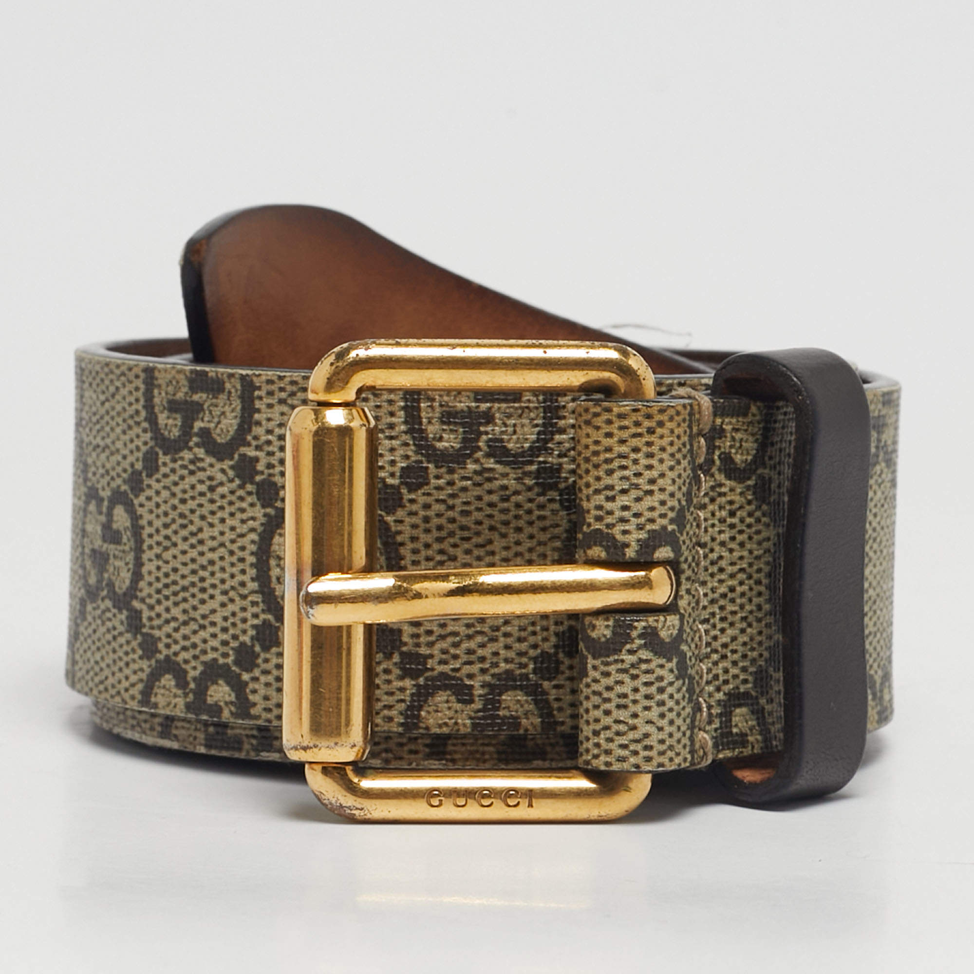 Pre Owned Gucci Beige GG Supreme Canvas Tiger Print Buckle Belt 90CM