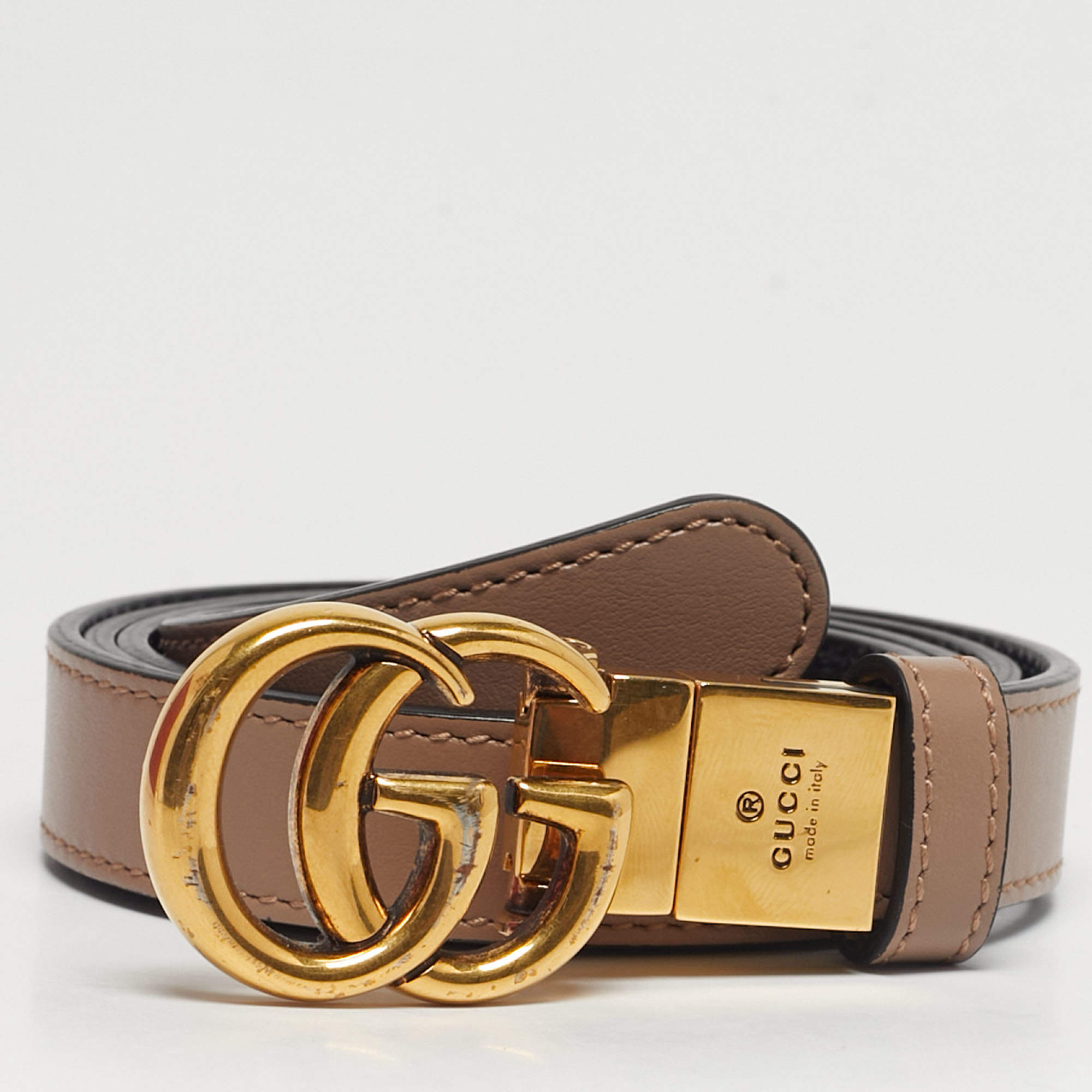 Pre Owned Gucci Beige/Black Leather GG Marmont Slim Belt 90CM