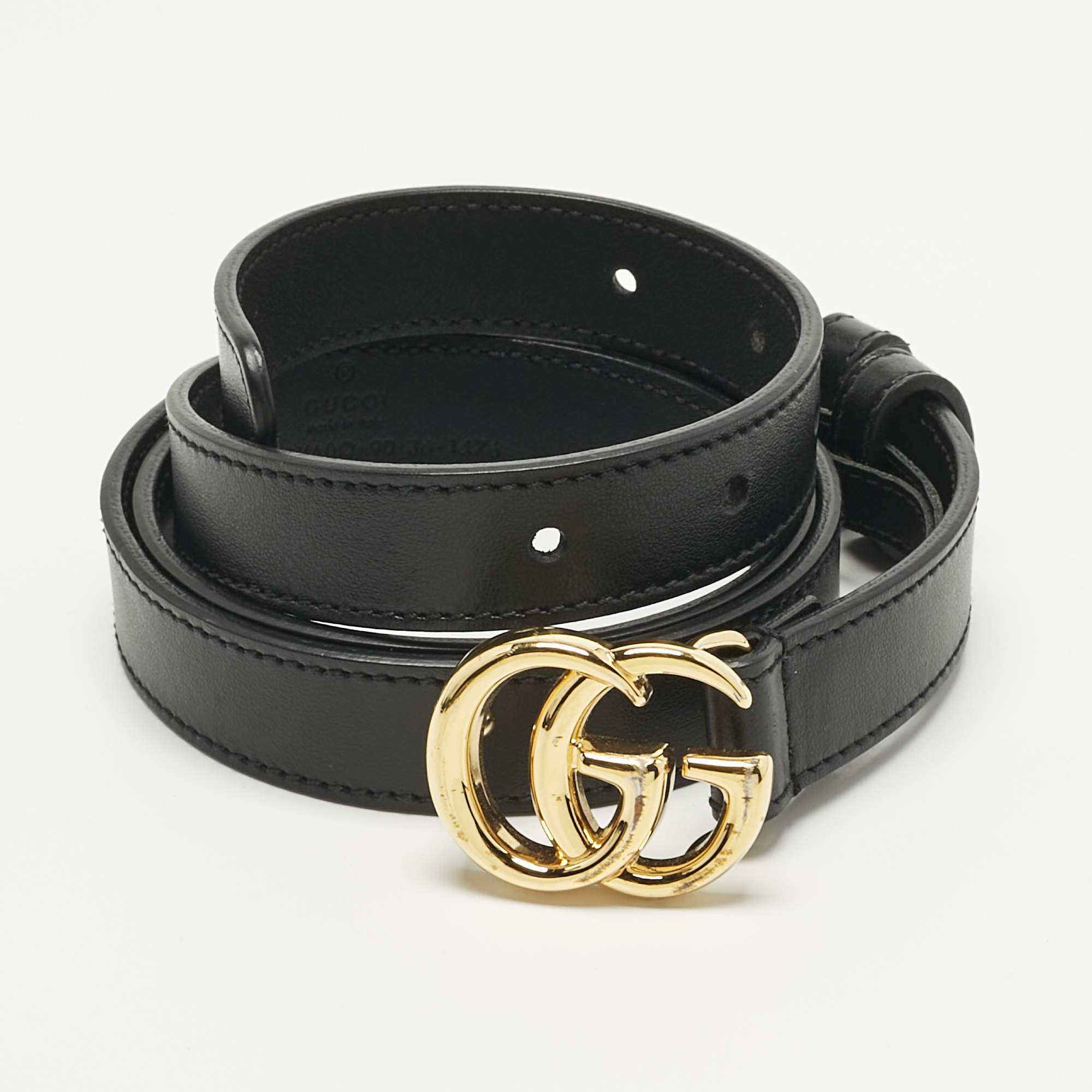 Pre Owned Gucci Black Leather GG Marmont Slim Belt 90CM