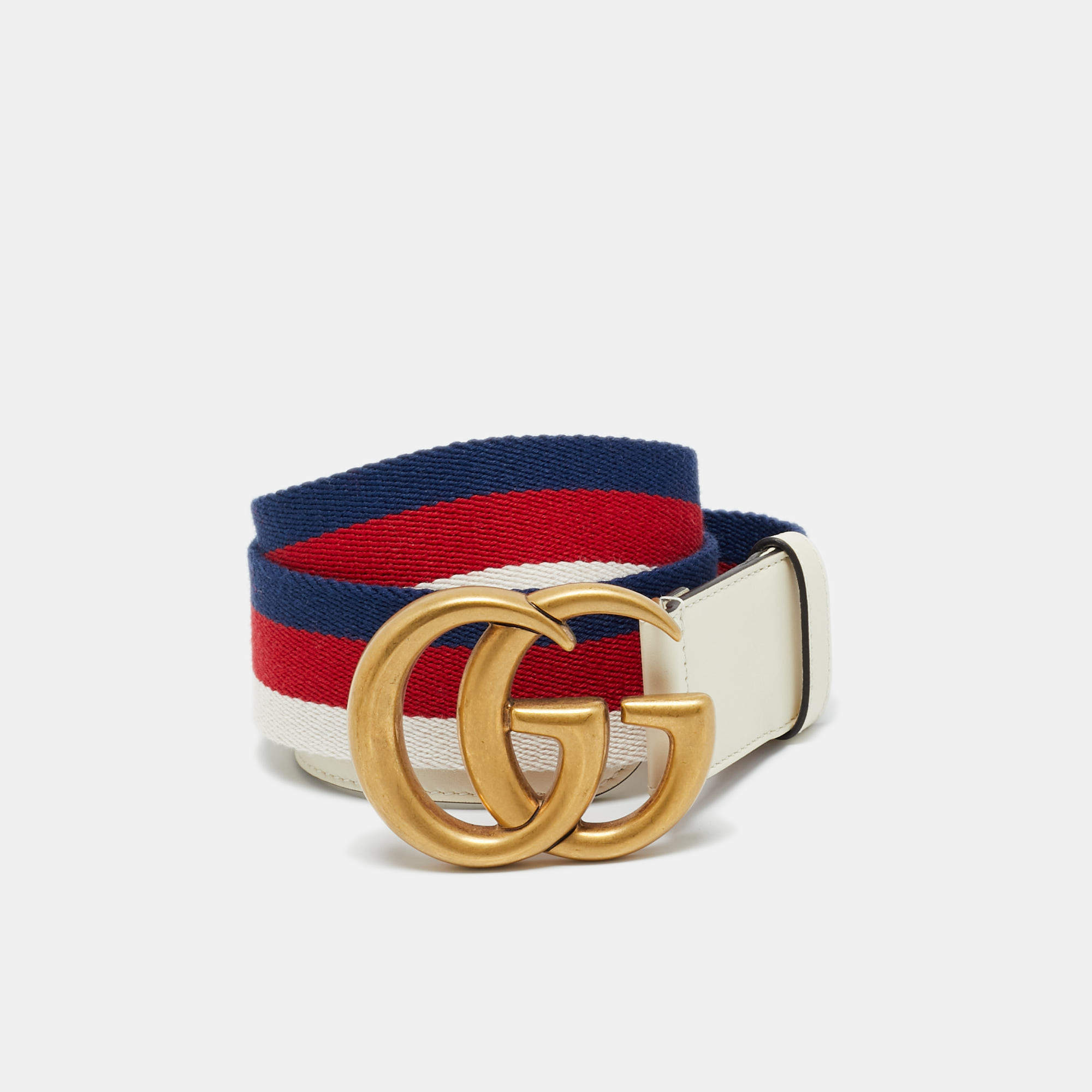 Pre Owned Gucci White Web Canvas and Leather GG Marmont Belt 80CM
