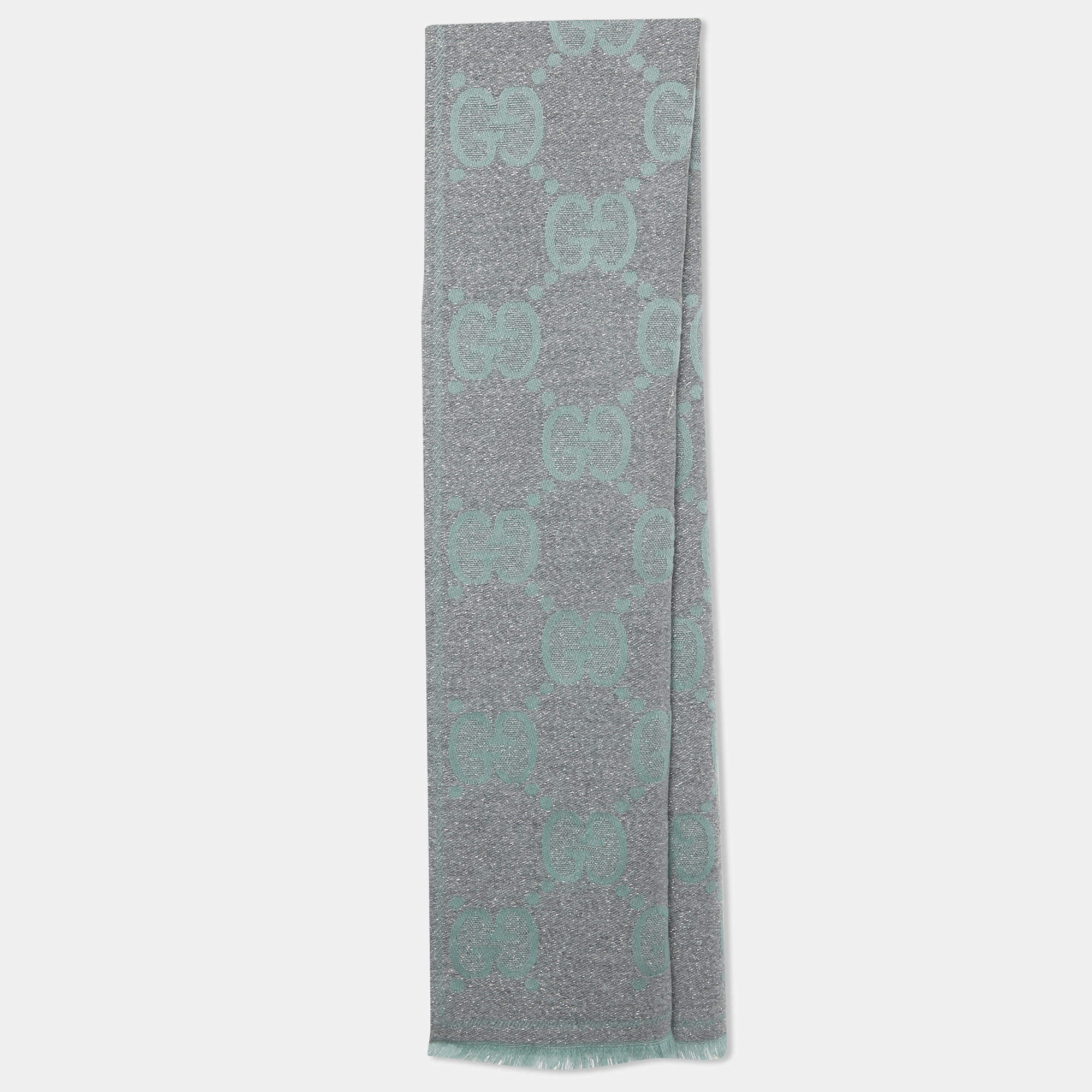 Pre Owned Gucci Light Blue & Grey Logo Intarsia Wool Shawl