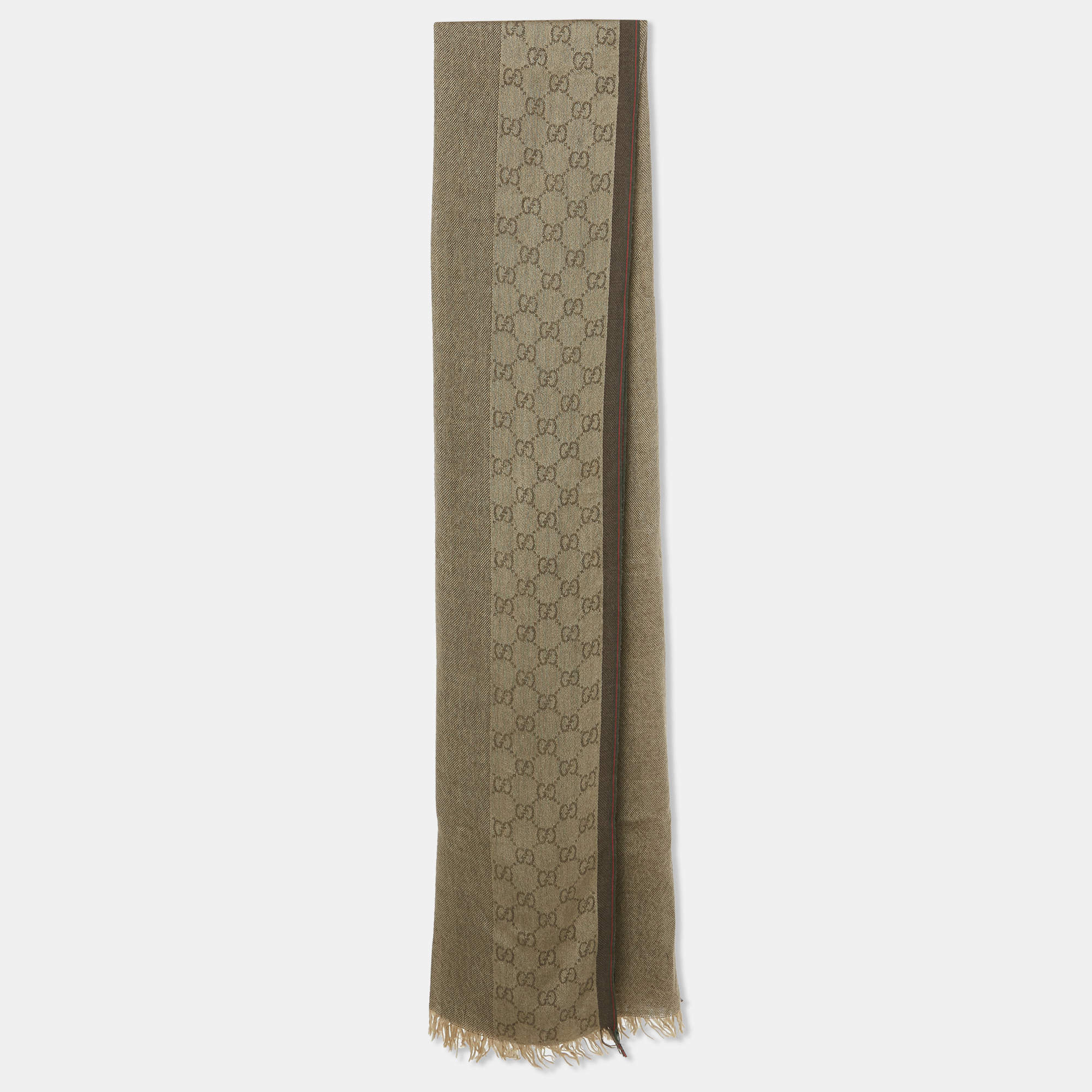 Pre Owned Gucci Vintage Brown Wool & Silk Logo Strip Detail Scarf