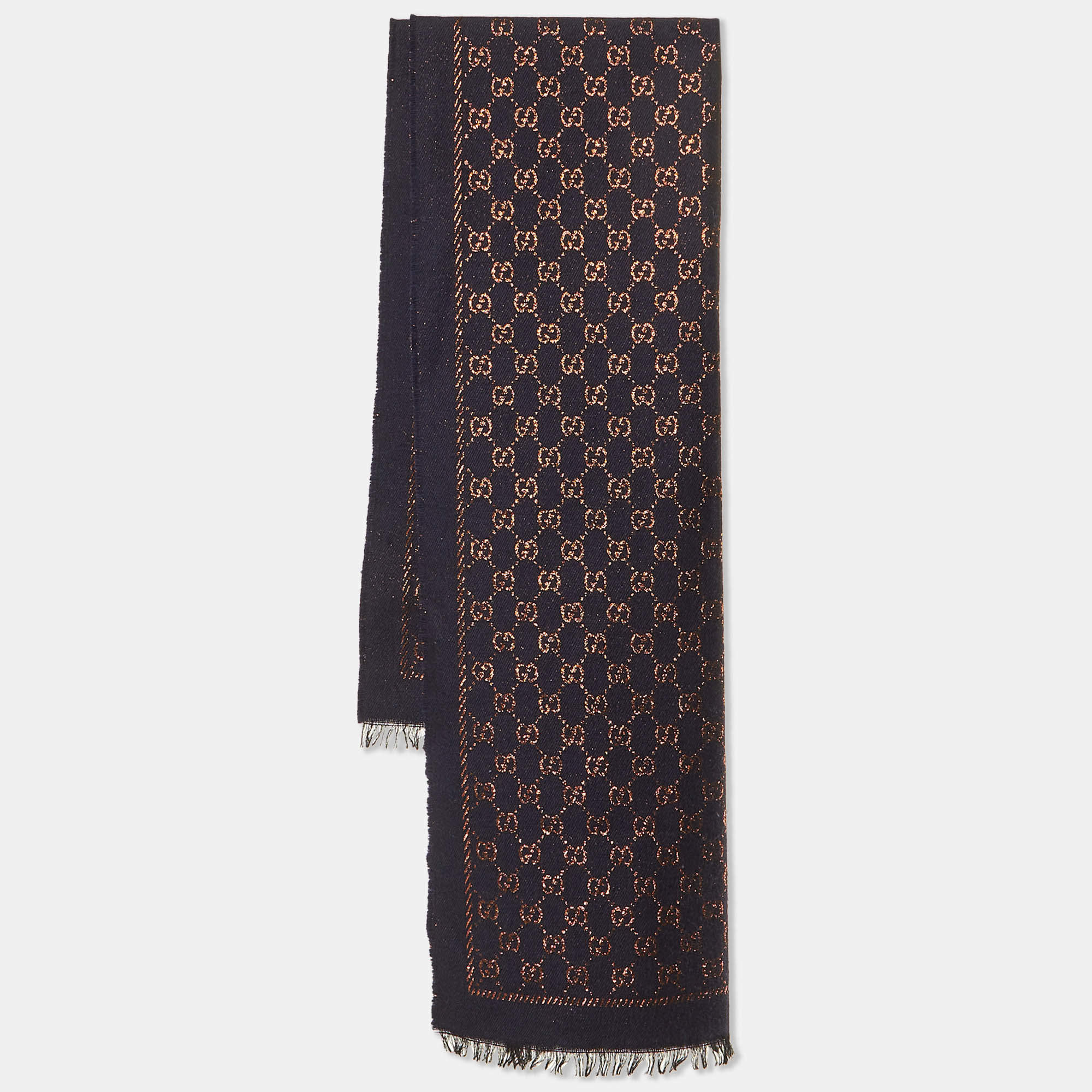 Pre Owned Gucci Navy Blue Metallic GG Wool Scarf