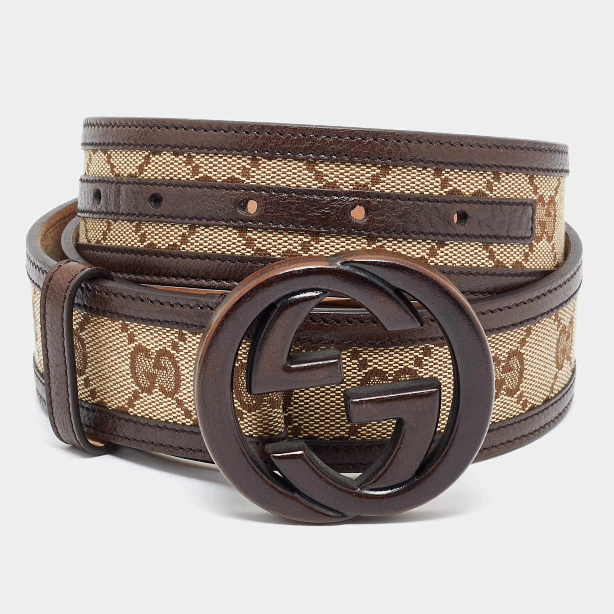 Pre Owned Gucci Beige/Brown GG Canvas and Leather Interlocking G Buckle Belt 85CM