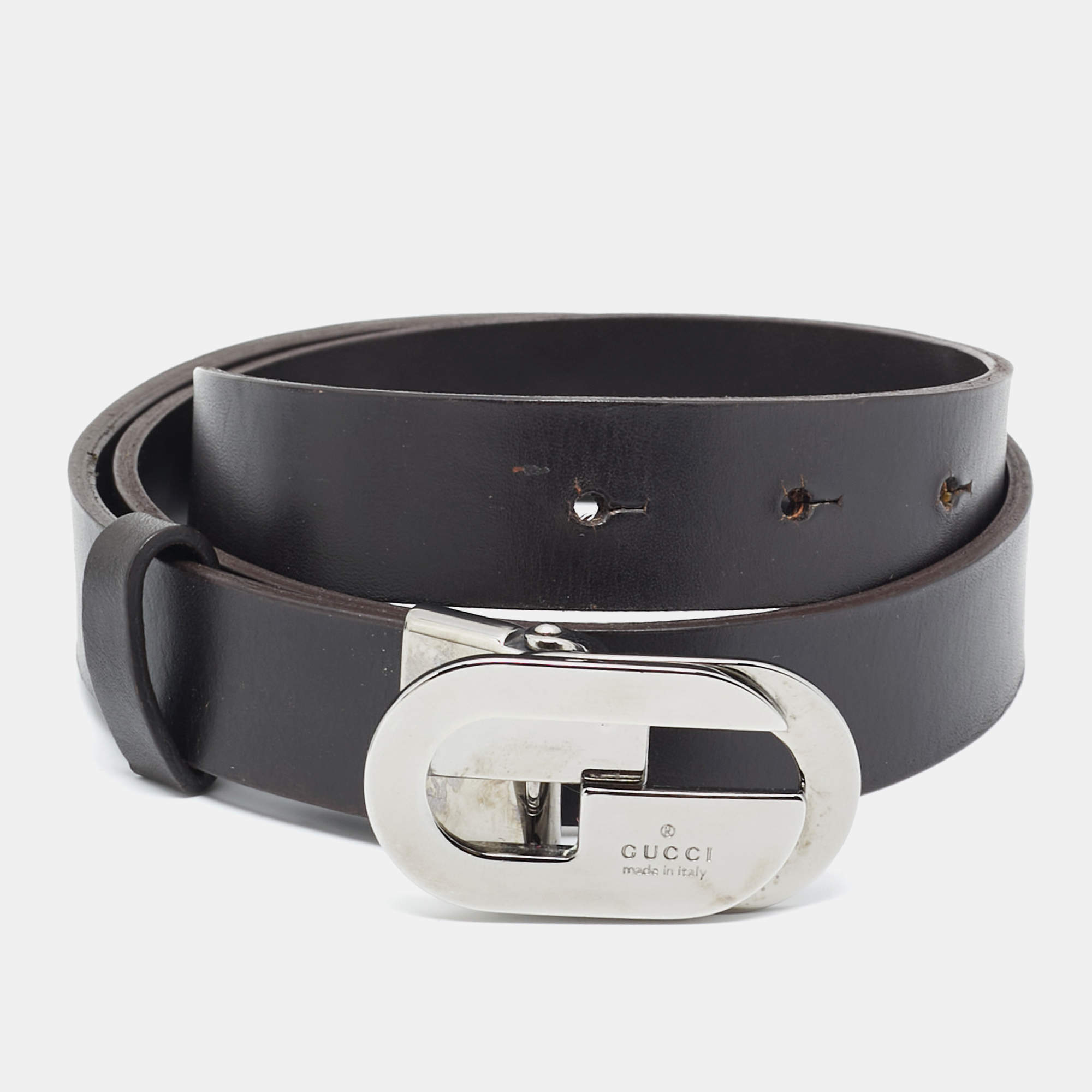 Pre Owned Gucci Dark Brown Leather G Buckle Belt 70CM