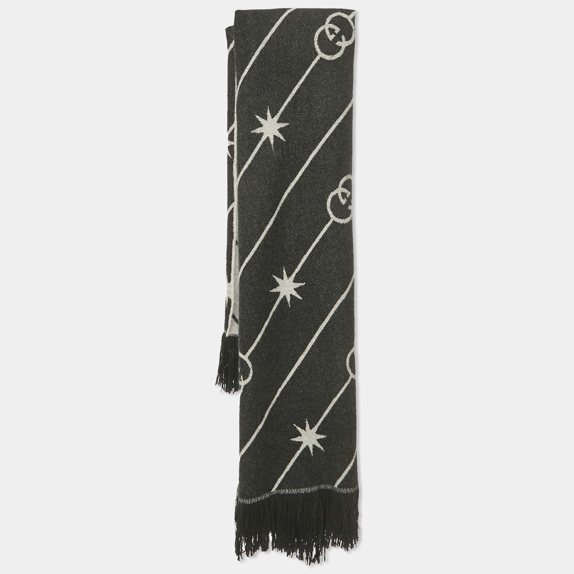 Pre Owned Gucci Black GG Wool Jacquard Shawl 