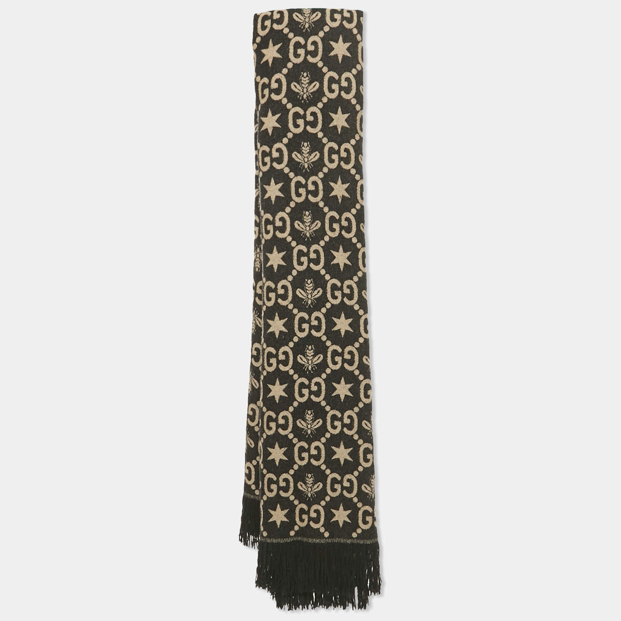 Pre Owned Gucci Black GG/Bee Jacquard Wool Shawl 