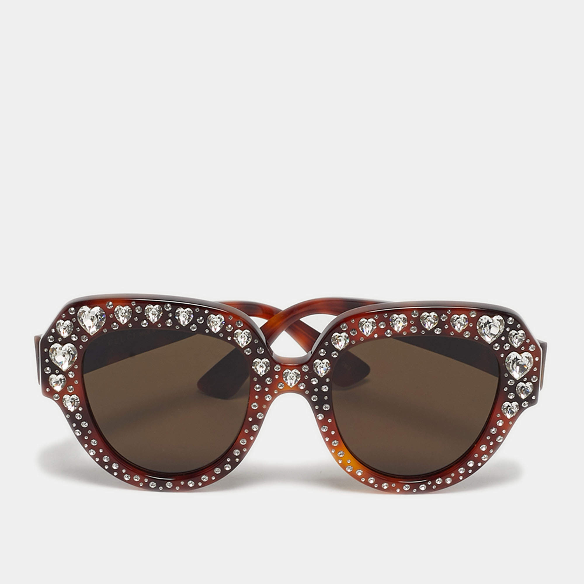 Pre Owned Gucci Tortoiseshell Brown GG0308S Heart Crystal Square Sunglasses