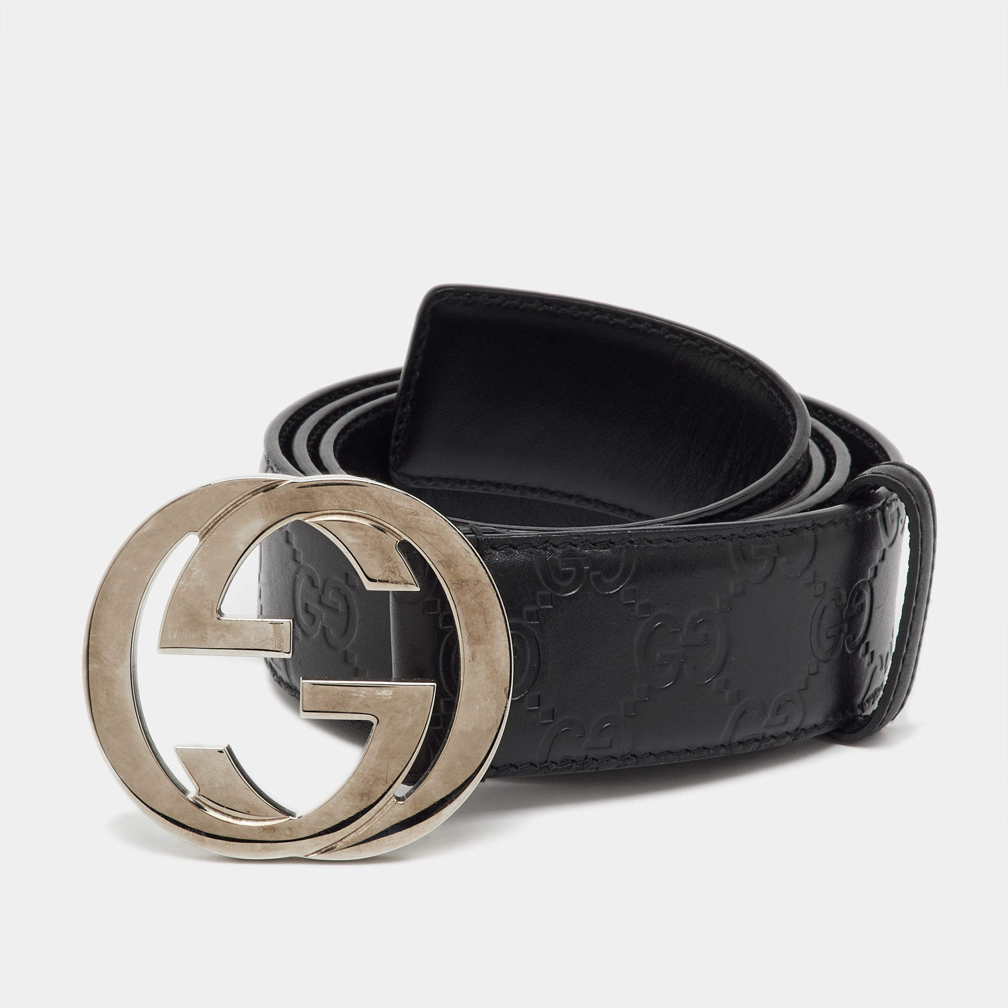 Pre Owned Gucci Black Guccissima Leather Interlocking G Buckle Belt 95CM