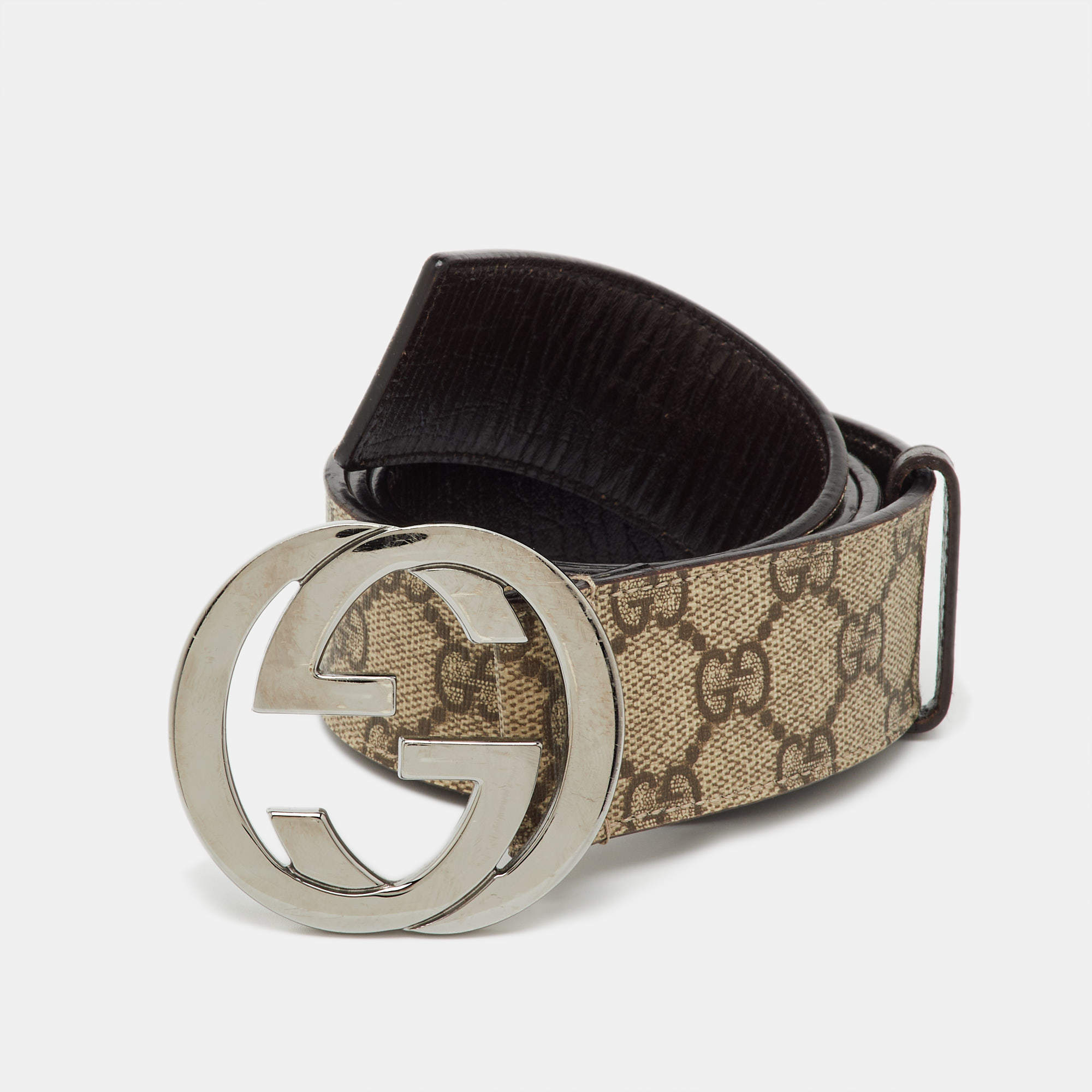 Pre Owned Gucci Beige/Brown GG Supreme Canvas Interlocking G Buckle Belt 90CM
