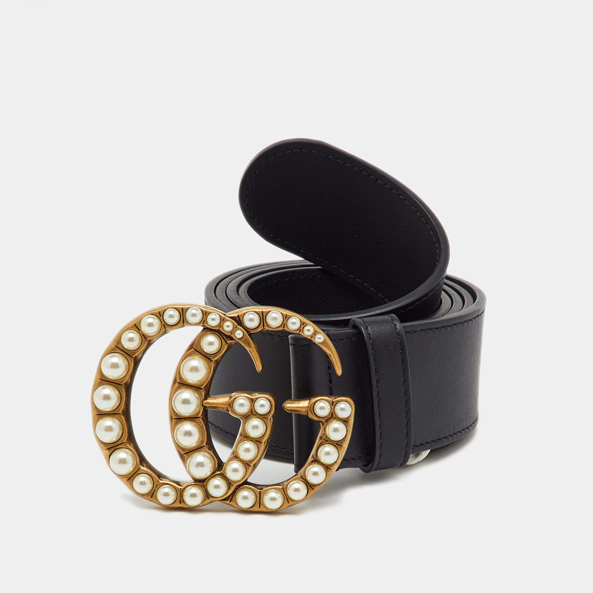 Pre Owned Gucci Black Leather Pearl Embellished GG Marmont Belt 95CM