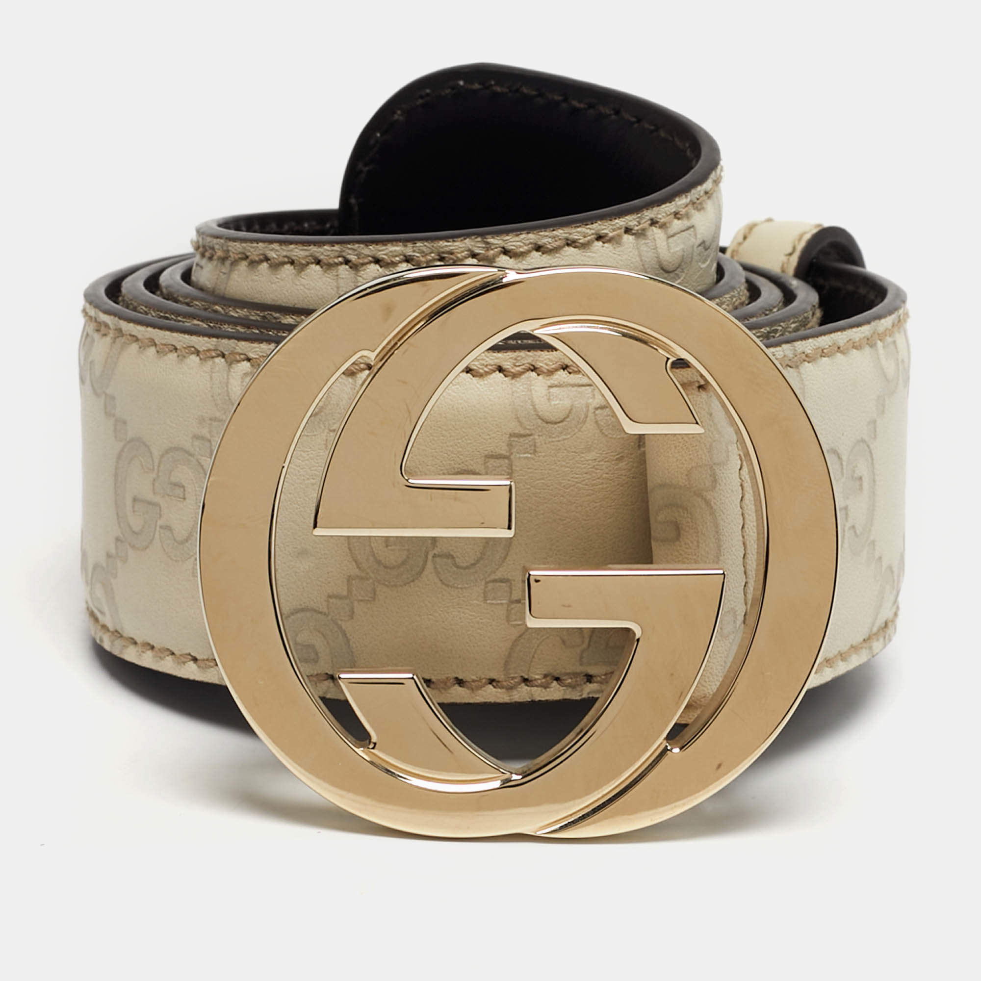 Pre Owned Gucci White Guccissima Leather Interlocking G Buckle Belt 90CM