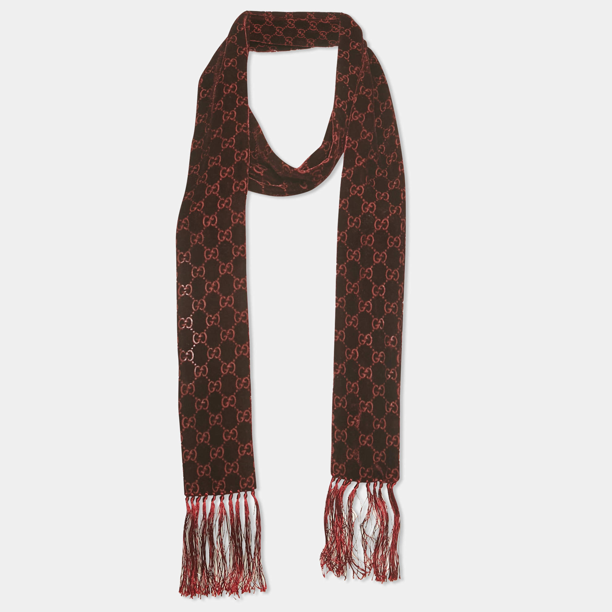 Pre Owned Gucci Burgundy Monogram Velvet Fringed Thin Scarf 