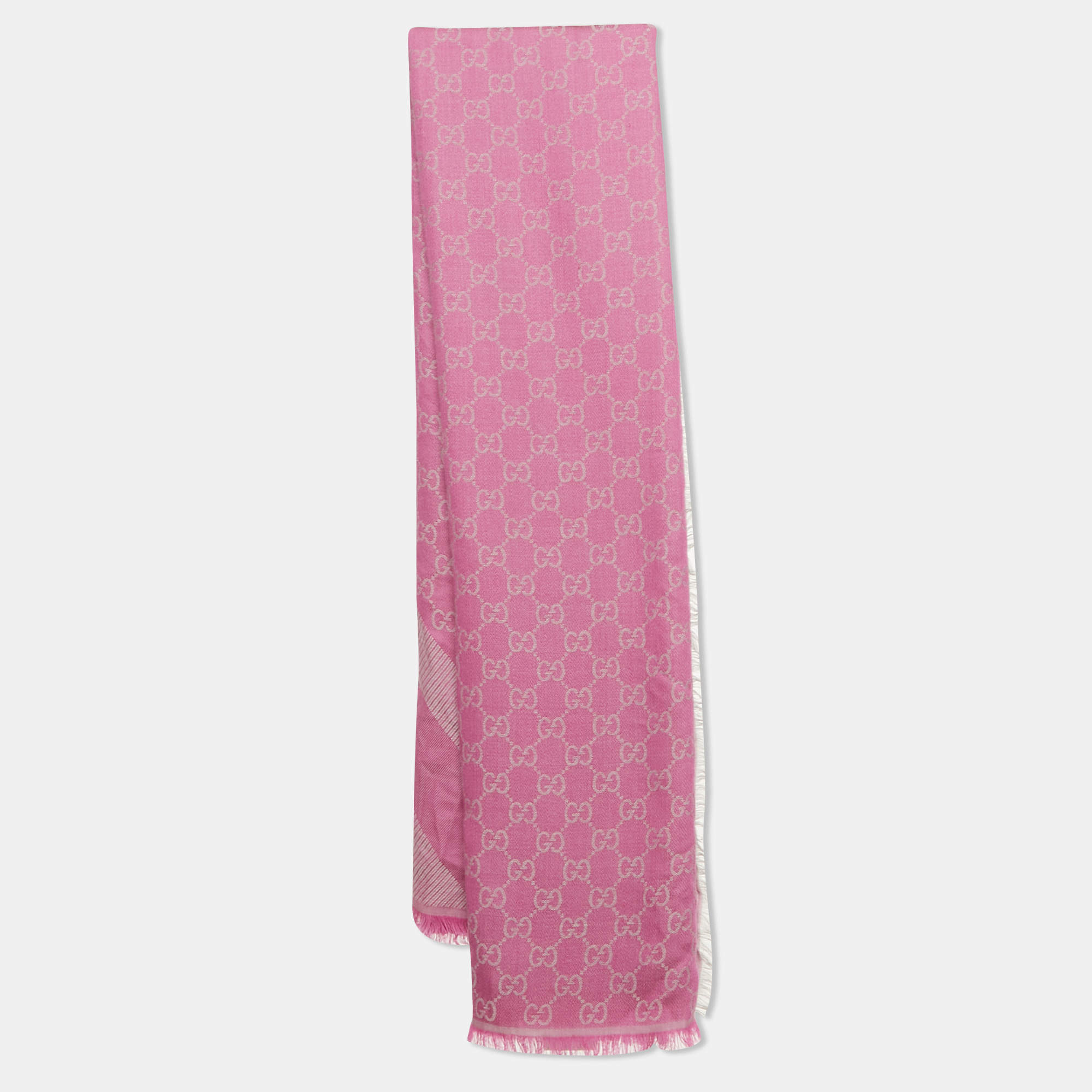 Pre Owned Gucci Pink GG Jacquard Wool Blend Scarf 