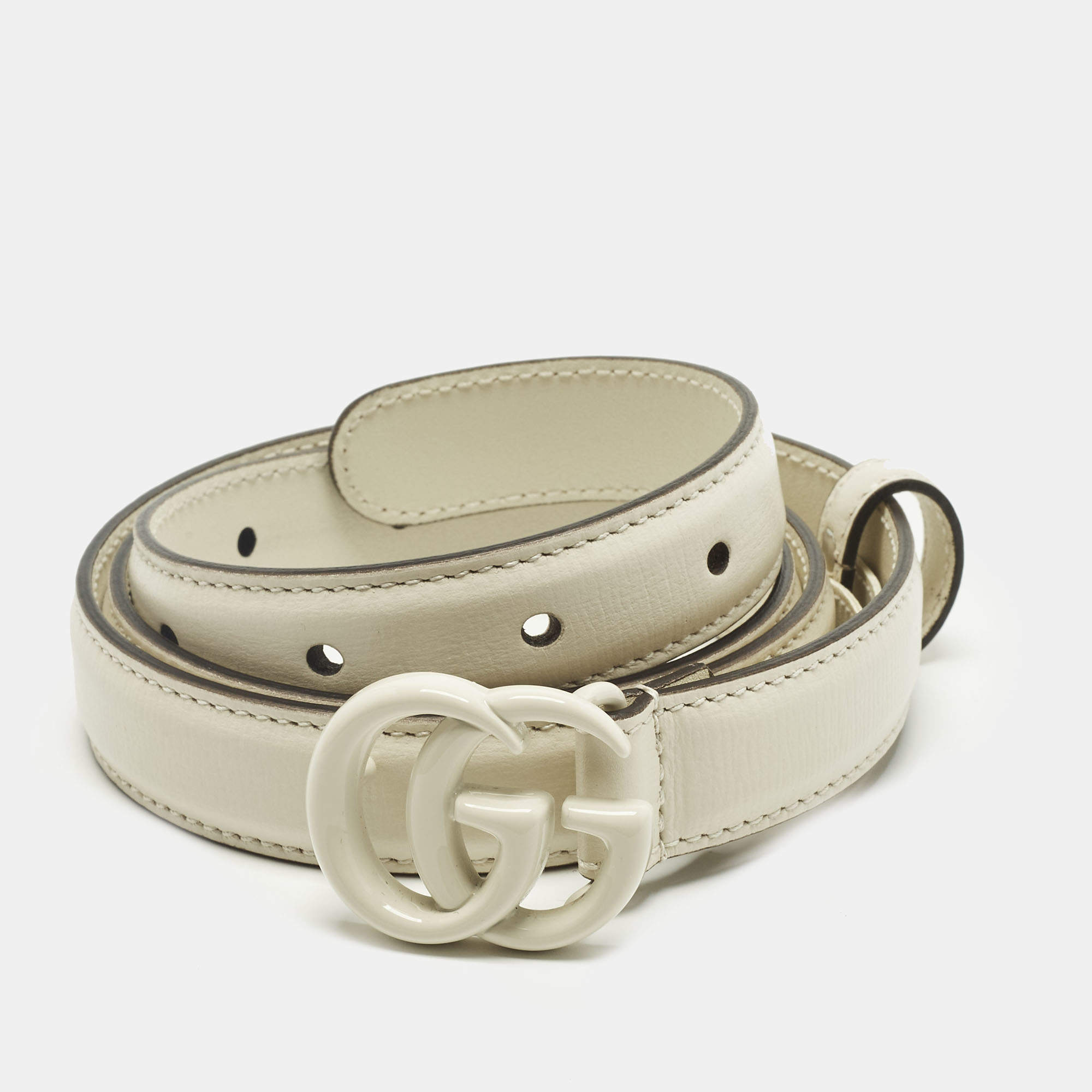 Pre Owned Gucci Off White Leather GG Marmont Slim Belt 85CM
