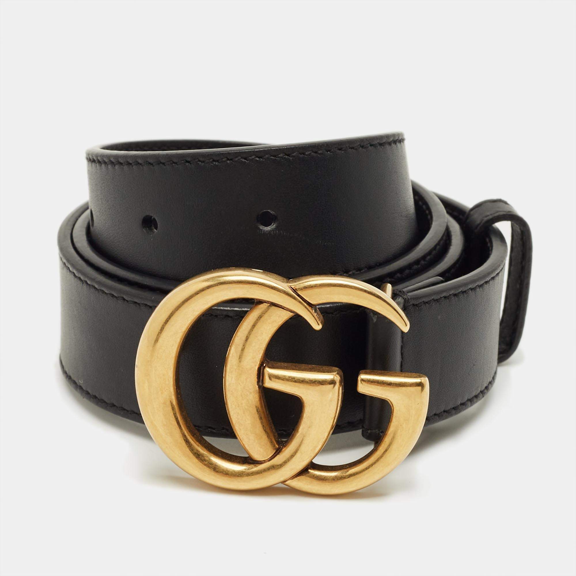 Pre Owned Gucci Black Leather GG Marmont Buckle Belt 75 CM