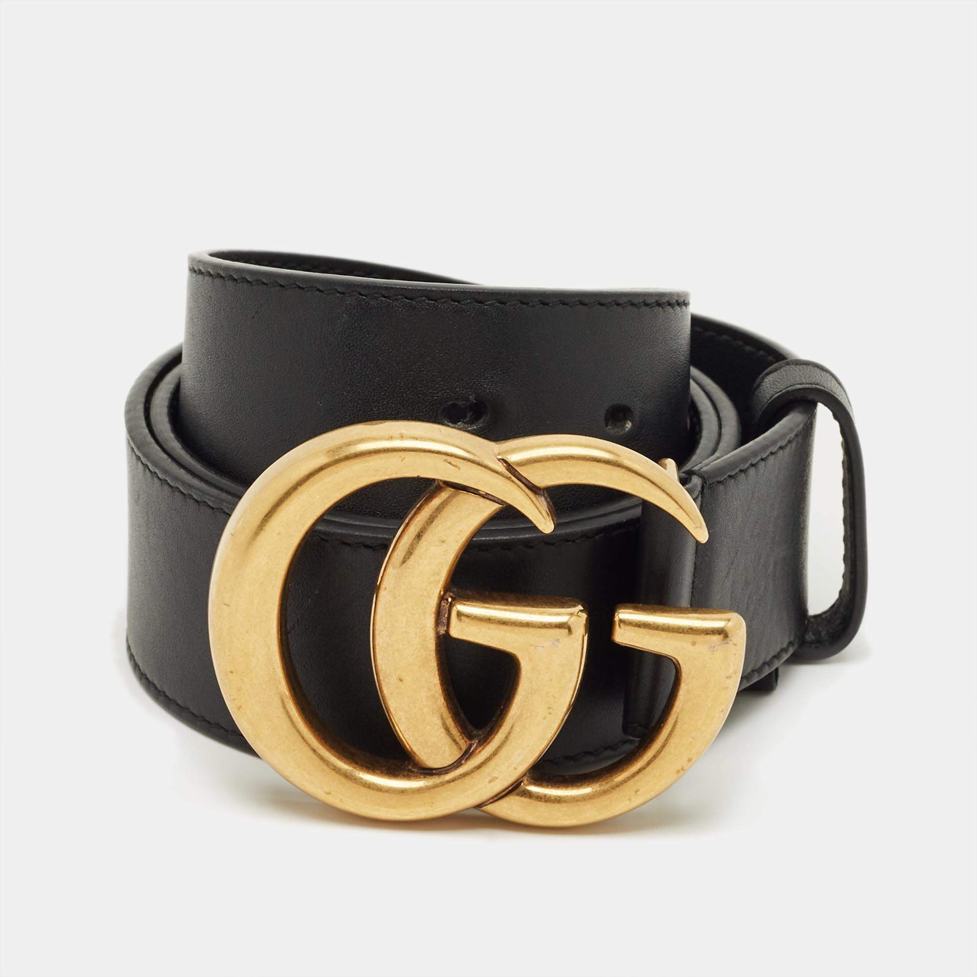 Pre Owned Gucci Black Leather GG Marmont Buckle Belt 90 CM