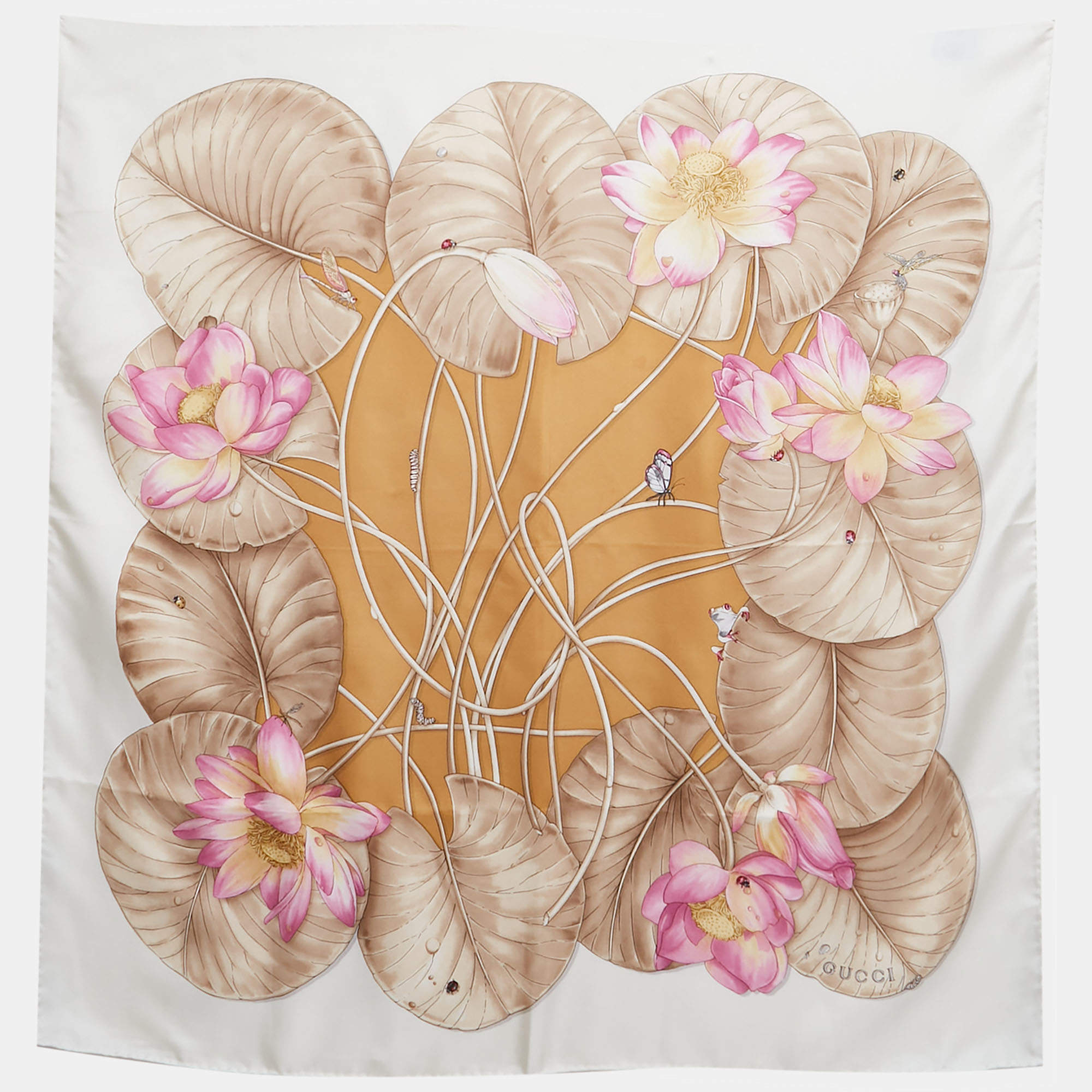 Pre Owned وشاح مربع حرير بطبعة لوتس صفراء من غوتشي