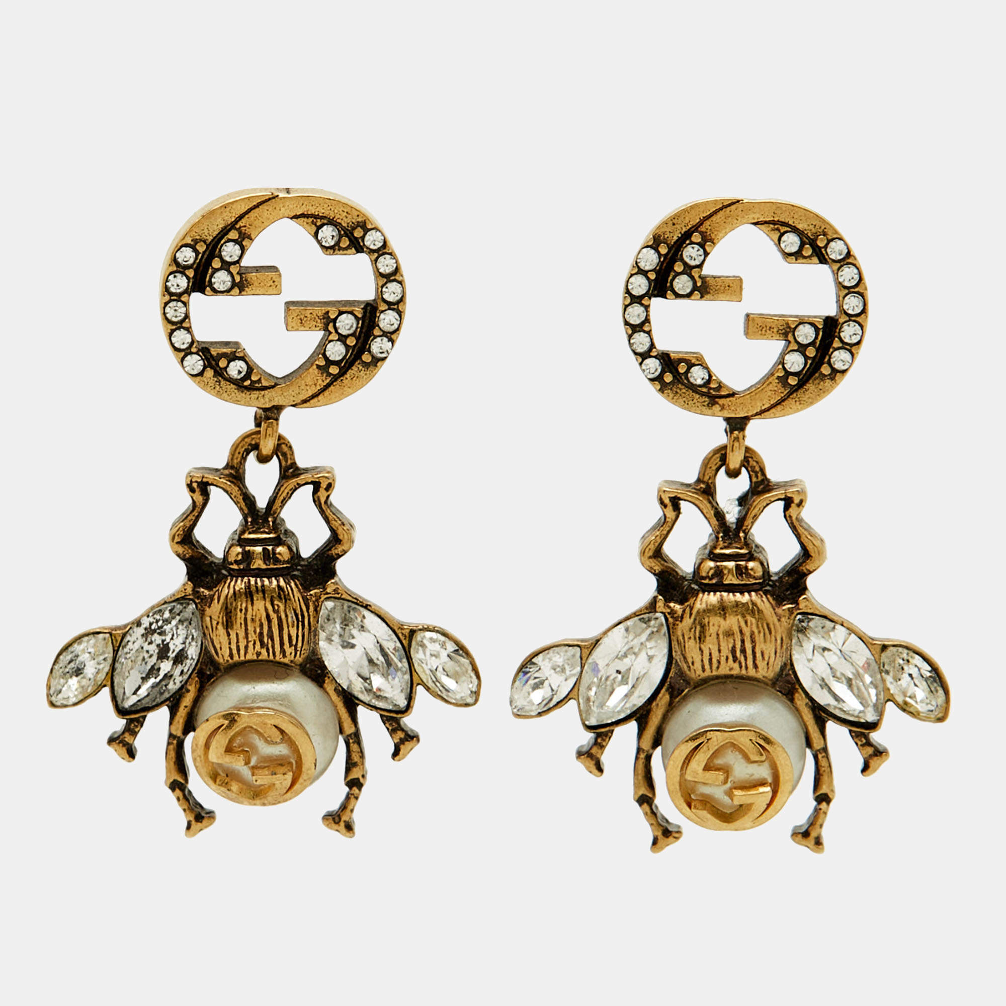 مملوكة مسبقًا Gucci GG Bee Faux Pearl Crystals Gold Tone Earrings