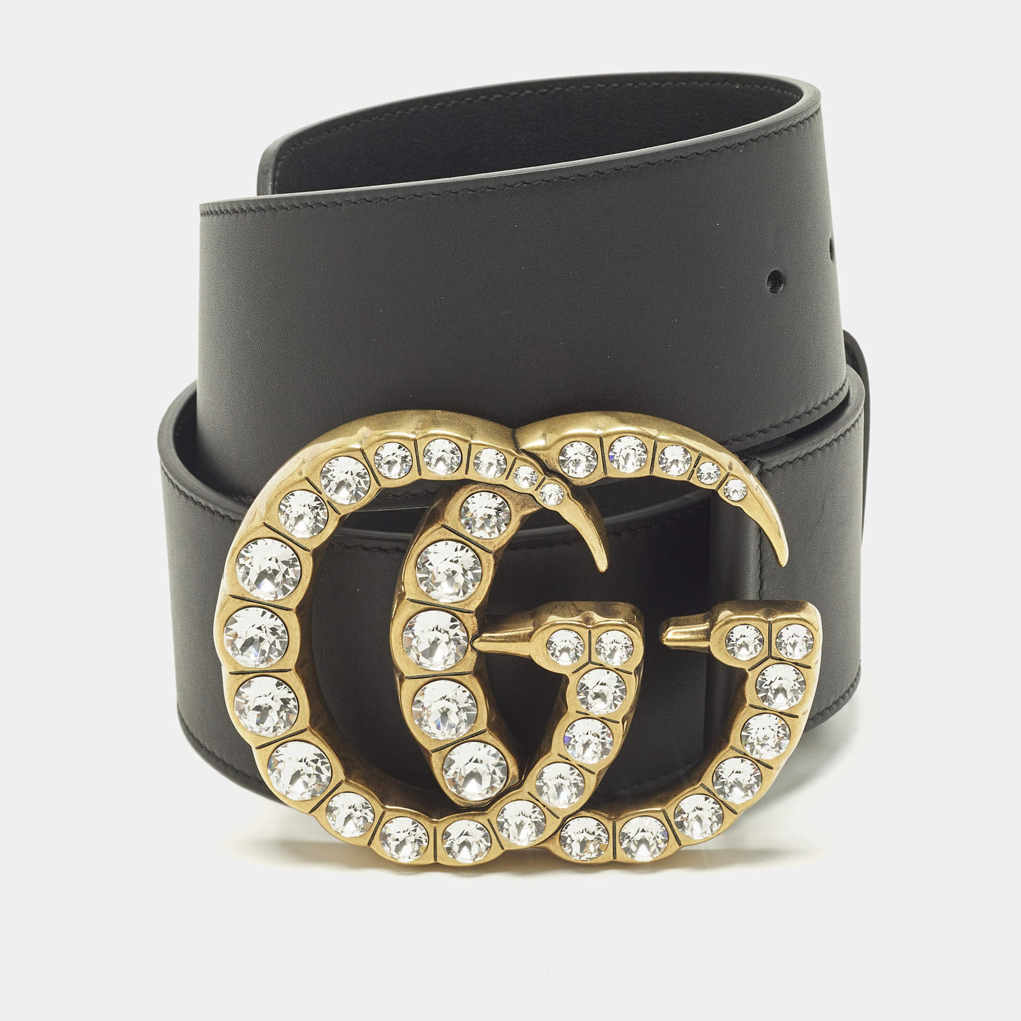 مملوكة مسبقًا Gucci Pearl Embellished Double G Wide Belt Black Leather