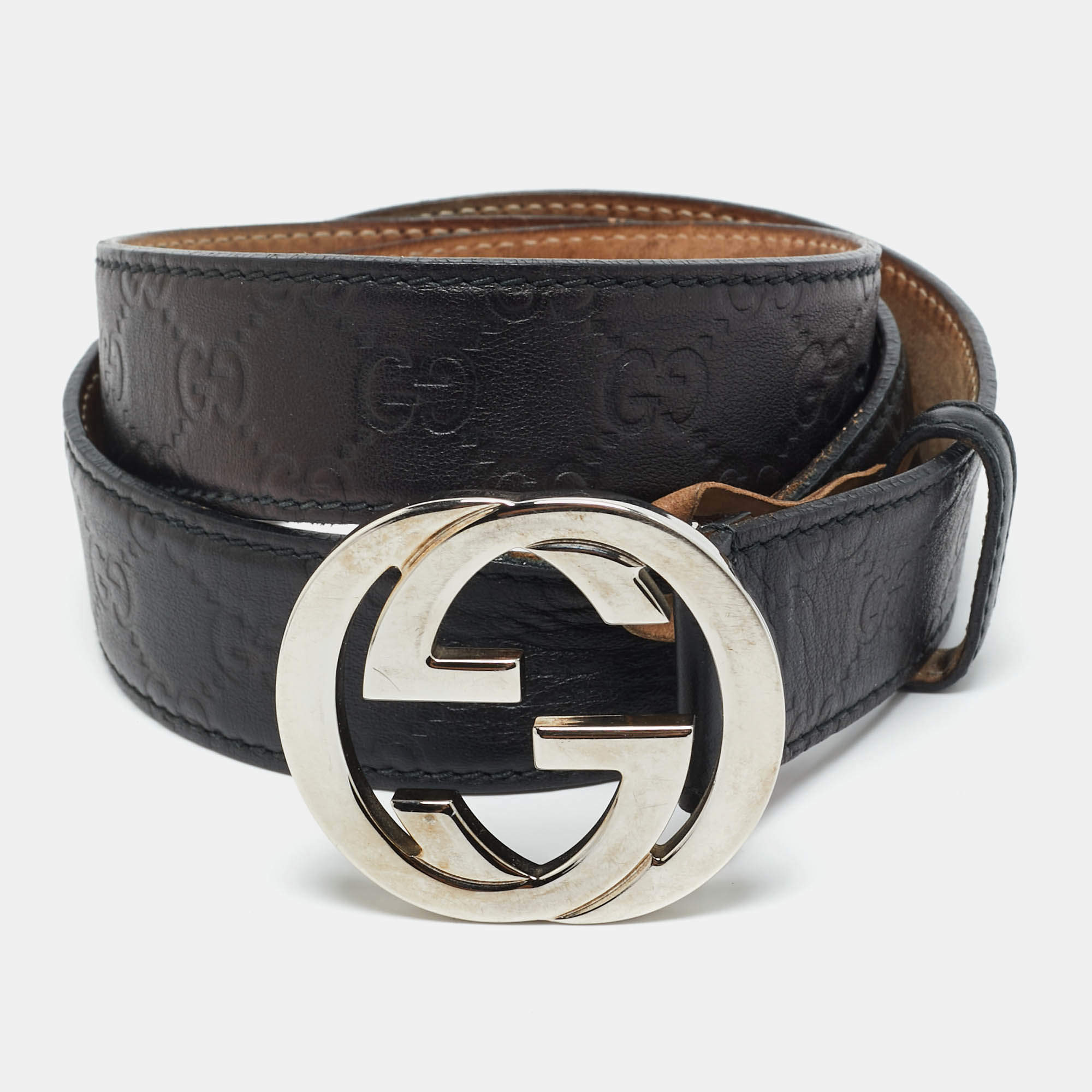 Pre Owned Gucci Black Guccissima Leather Interlocking G Buckle Belt 95CM