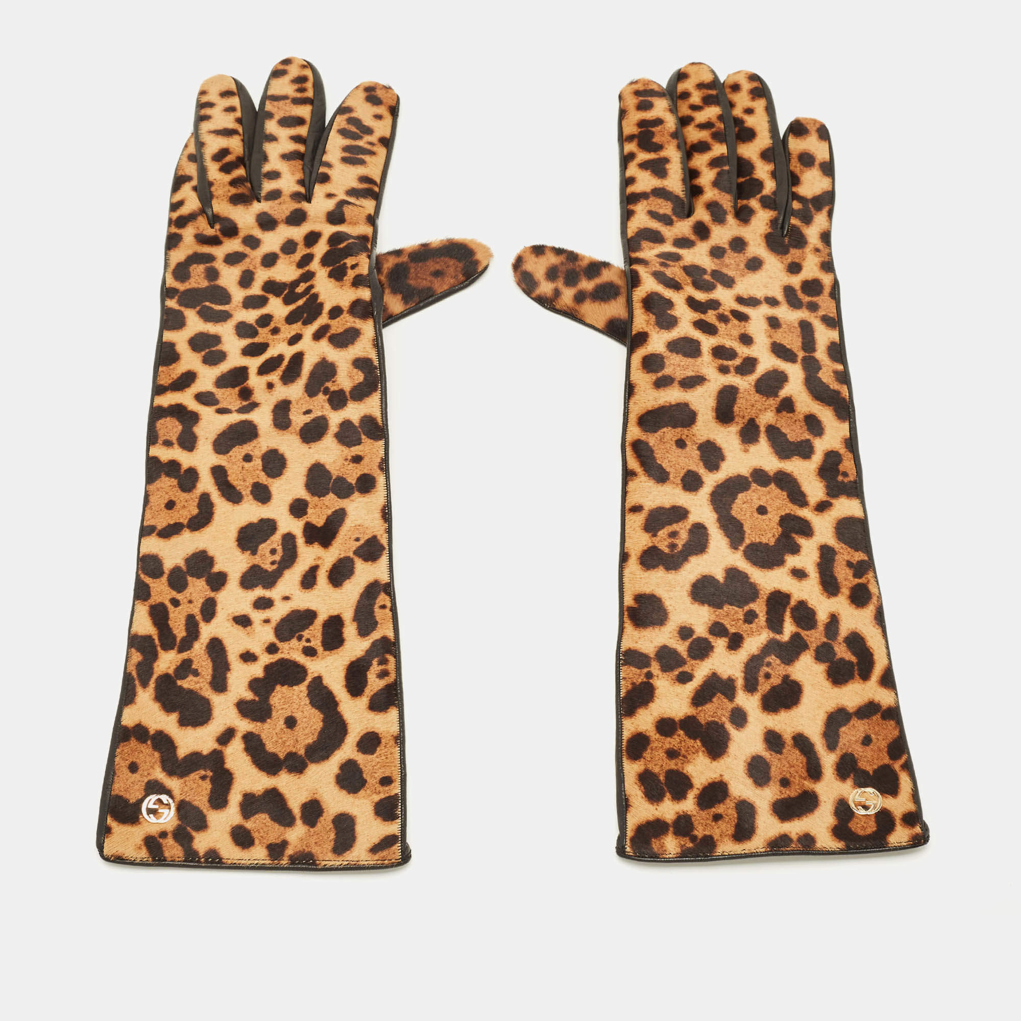 Pre Owned Gucci Interlocking G Long Gloves Brown Leopard Calfhair and Leather
