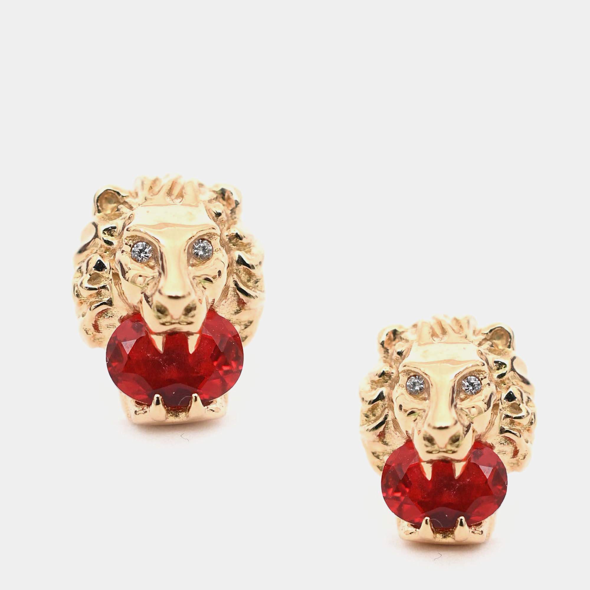 Pre Owned Gucci 18K Yellow Gold/Fire Opal/Diamond Set Lion Head Earrings