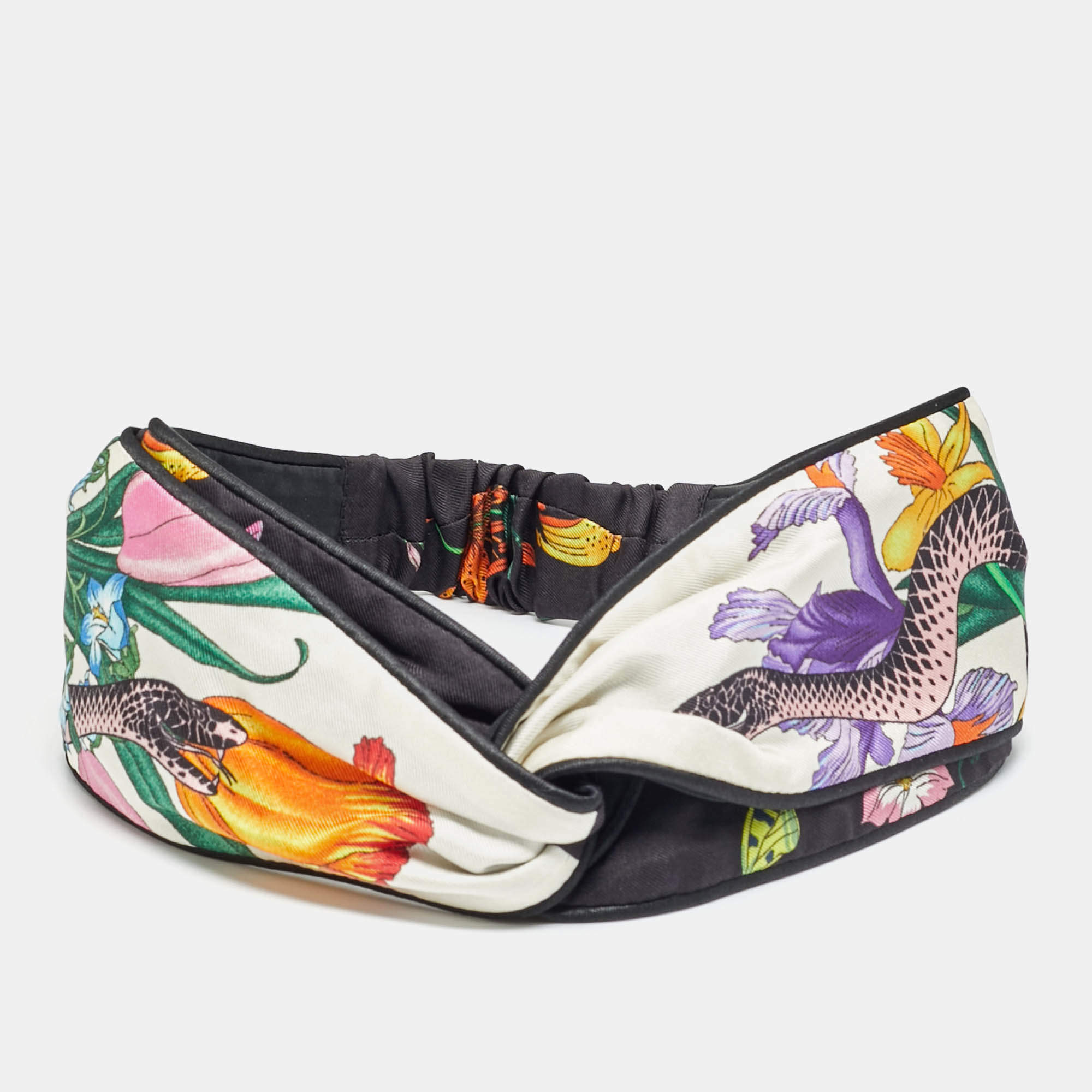 Pre Owned رباط رأس غوتشي حرير مطبوع زهرة الثعبان أسود