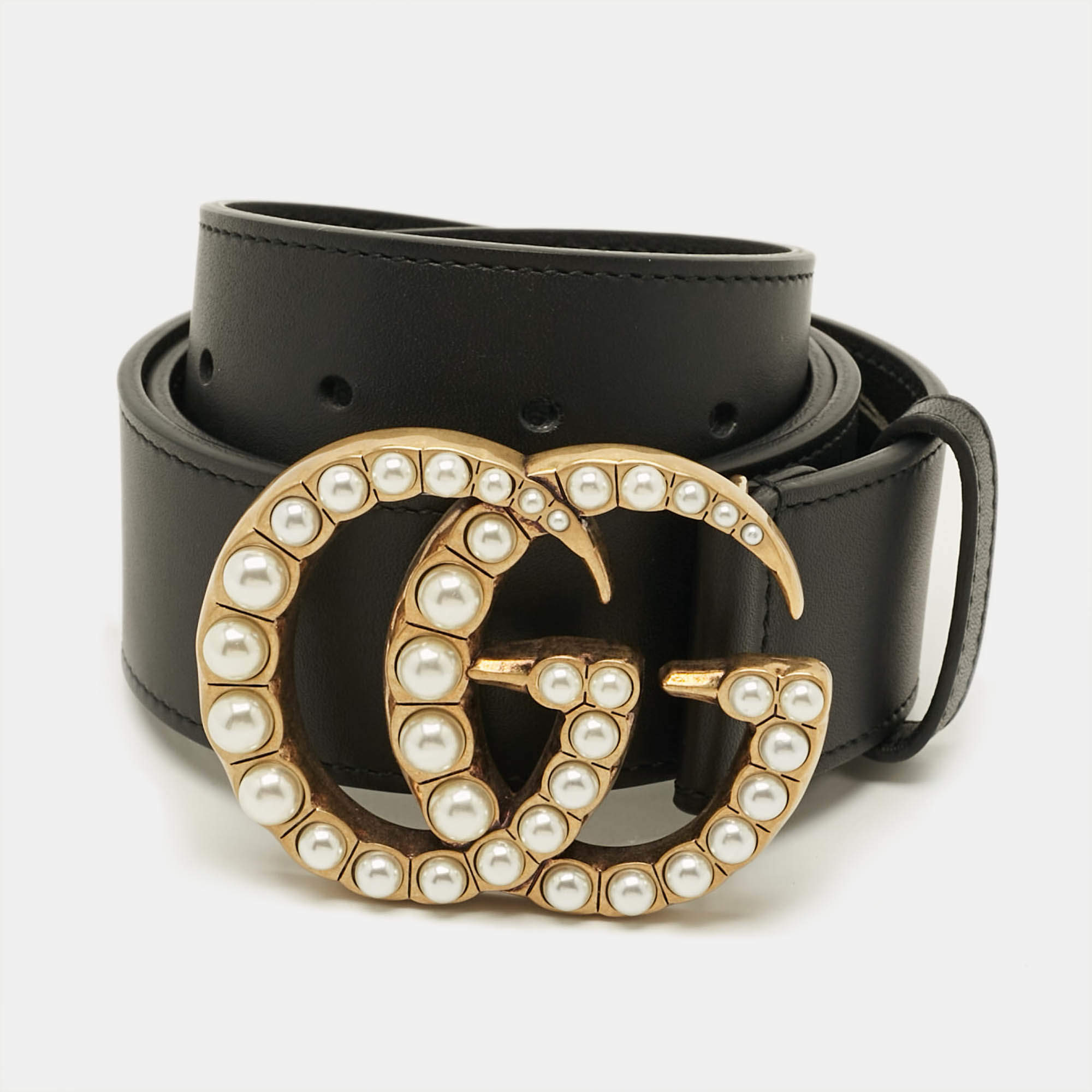 Pre Owned Gucci GG Marmont Faux Pearl 85 CM Buckle Belt Black Leather