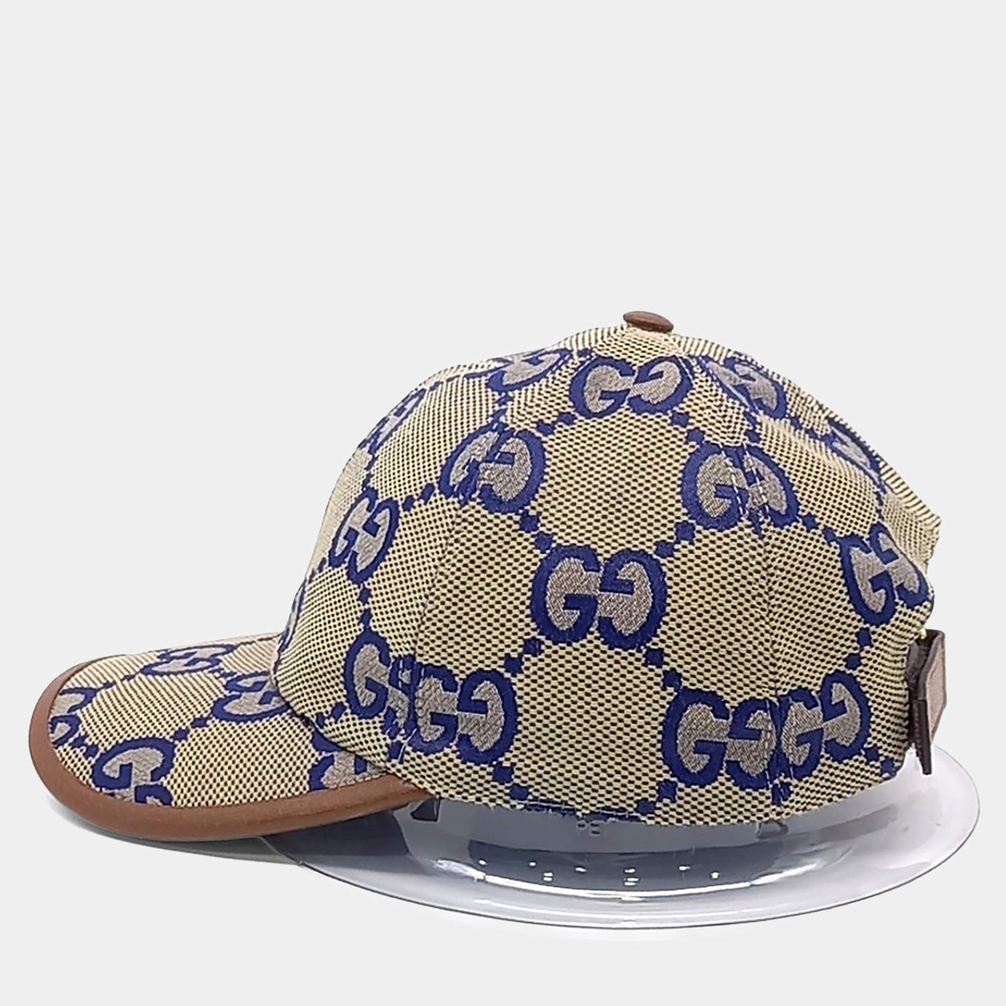 Pre Owned Gucci Fabric Beige Navy Jumbo GG Cap