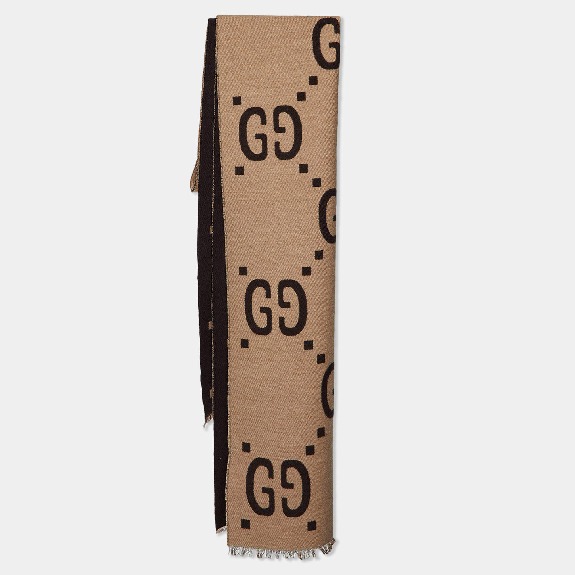 Pre Owned Gucci Brown GG Jacquard Wool & Silk Scarf