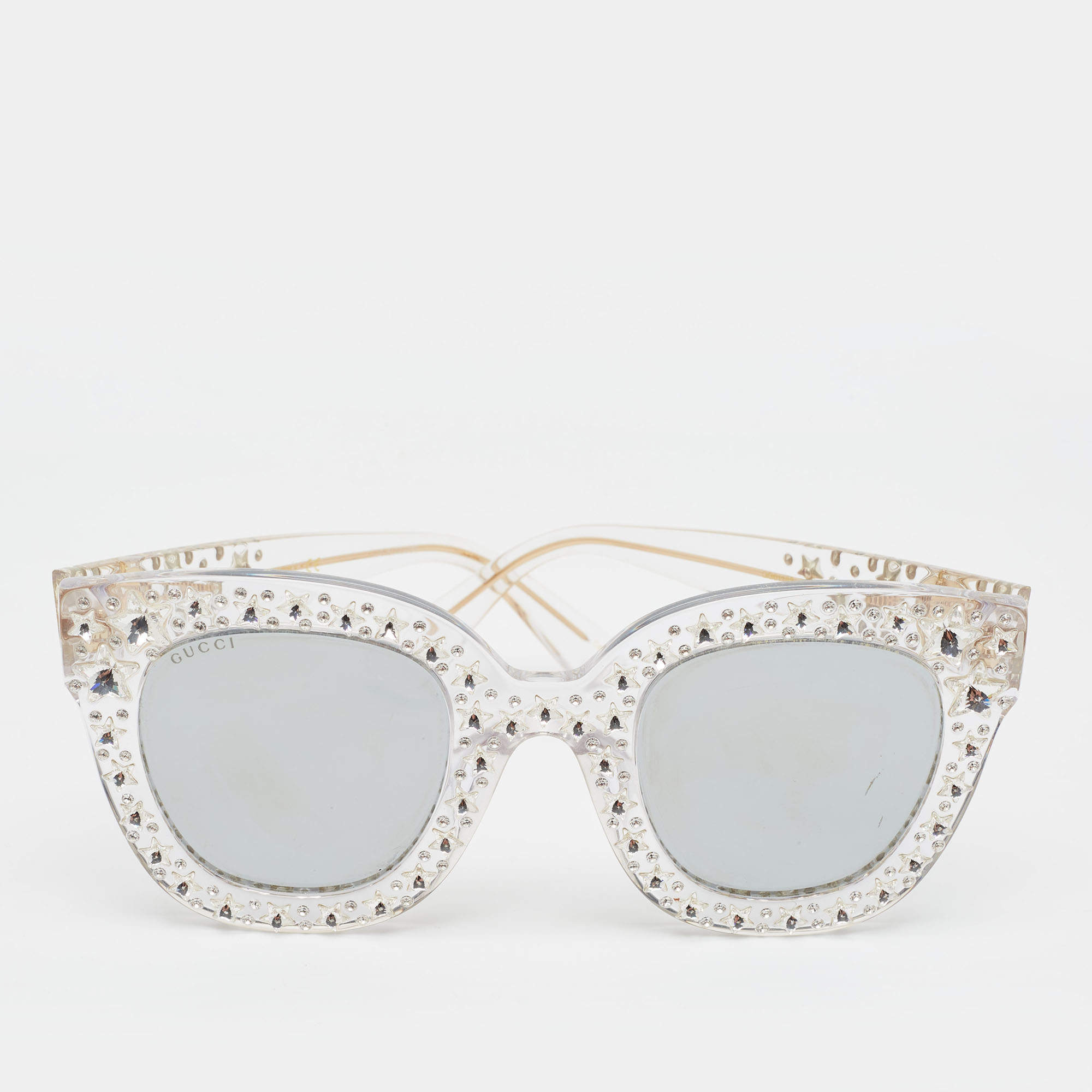 مملوكة مسبقًا Gucci Grey Mirrored GG0116S Star Crystal Cat Eye Sunglasses 