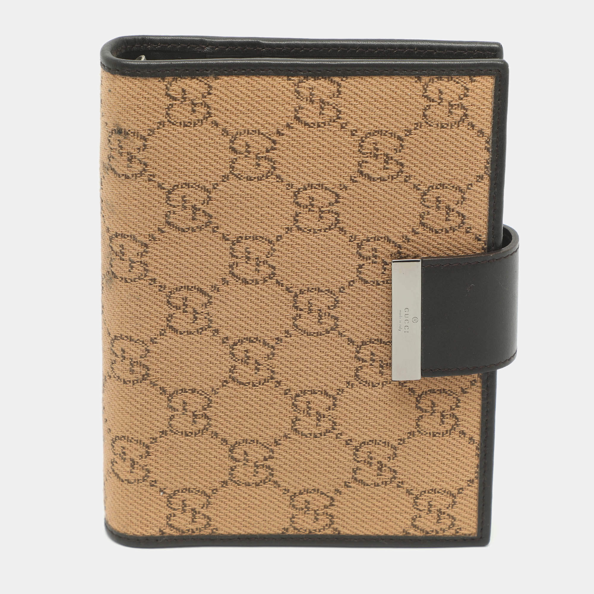 Pre Owned Gucci Vintage 6-Ring Brown GG Canvas and Leather Agenda Planner Cover