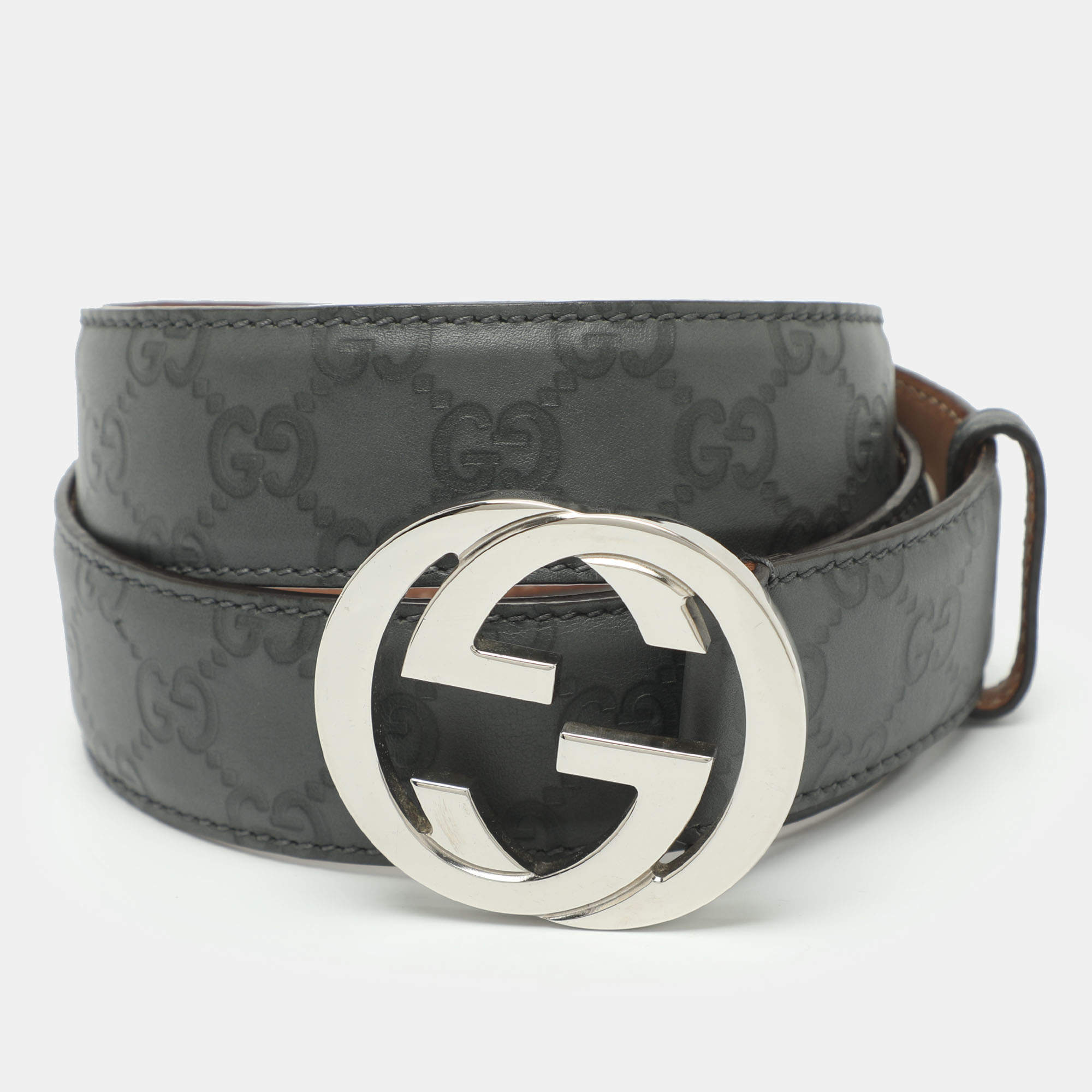 Pre Owned Gucci Interlocking G 95 CM Buckle Belt Grey Guccissima Leather