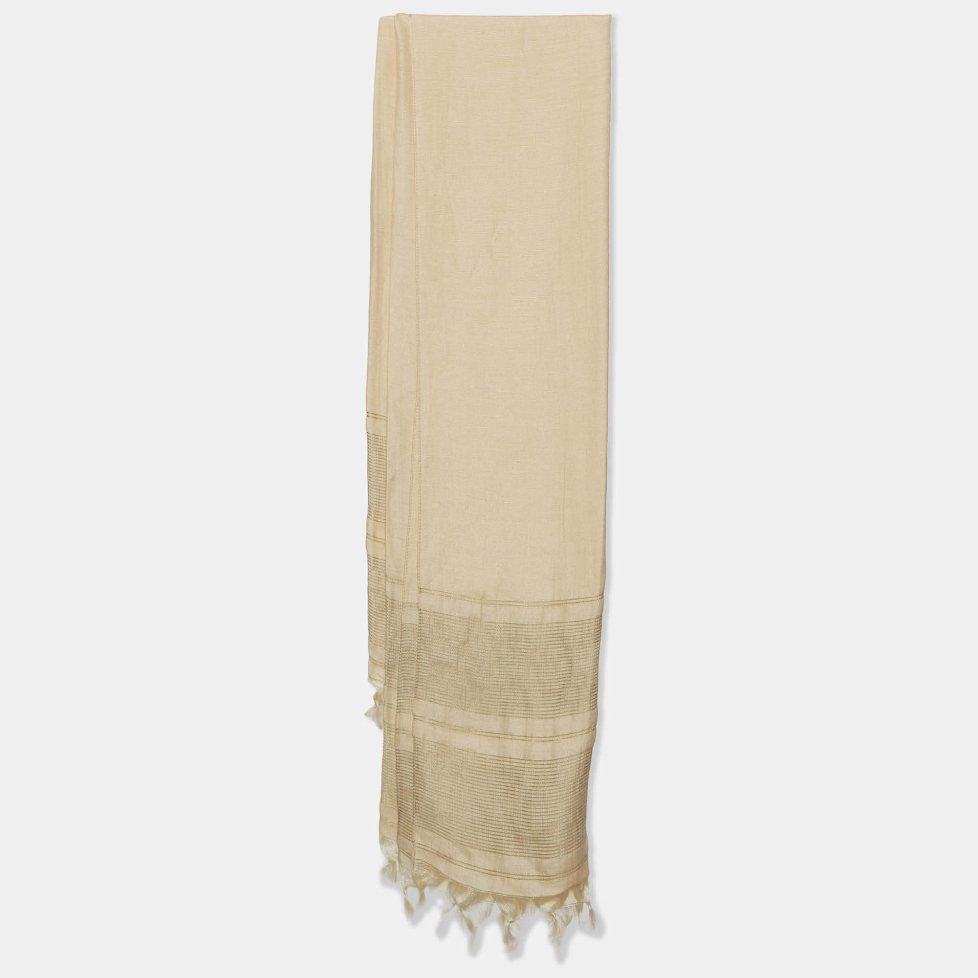 Pre Owned Gucci Beige Linen Blend Fringe Hem Detail Stole 